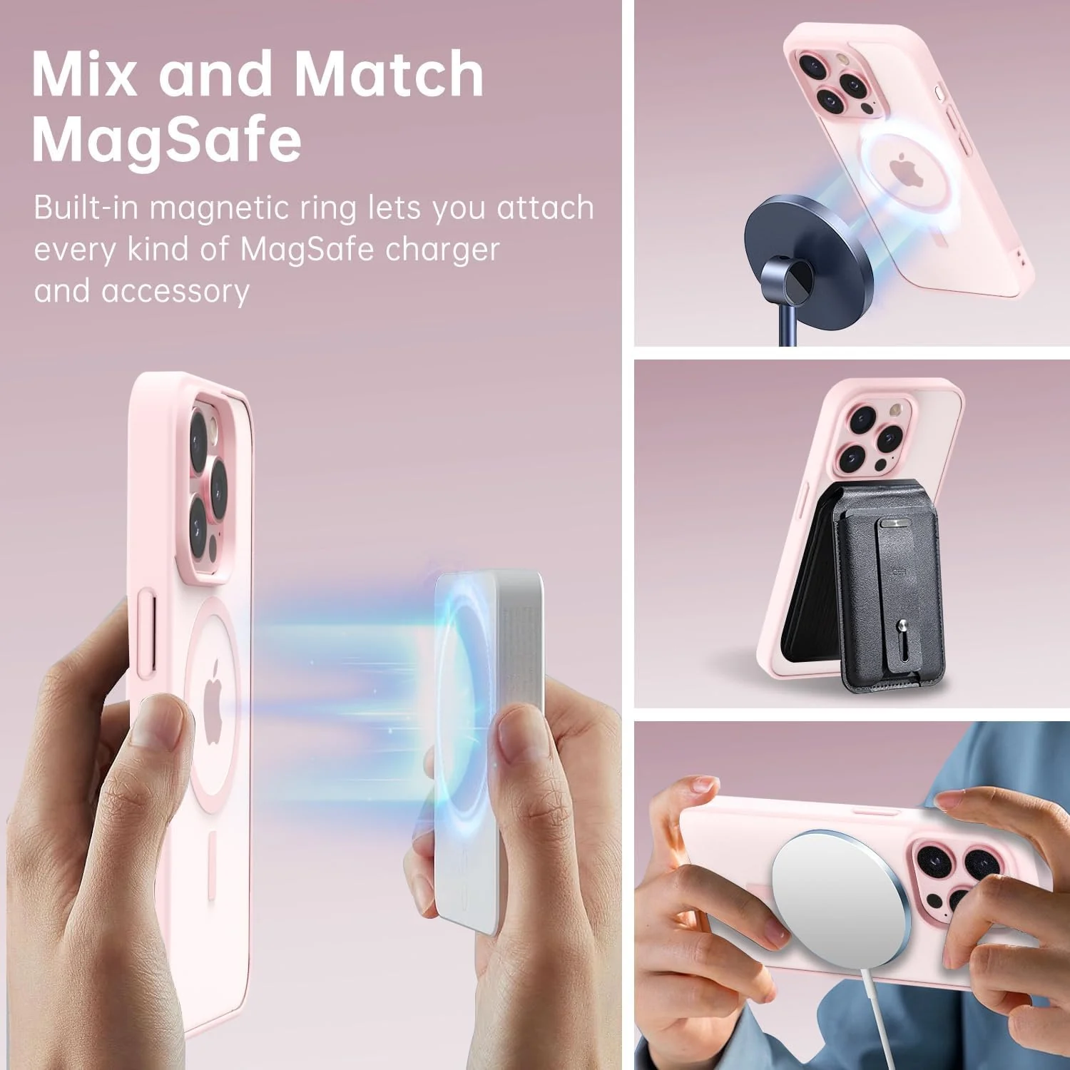 DL3 Mobilak Magnetic Case for iPhone 16 Pro Max 6.9-Inch Compatible with MagSafe, Shockproof Phone Bumper Cover, Solid Color Matte TPU Frame, Anti-Scratch Clear Back - Pink