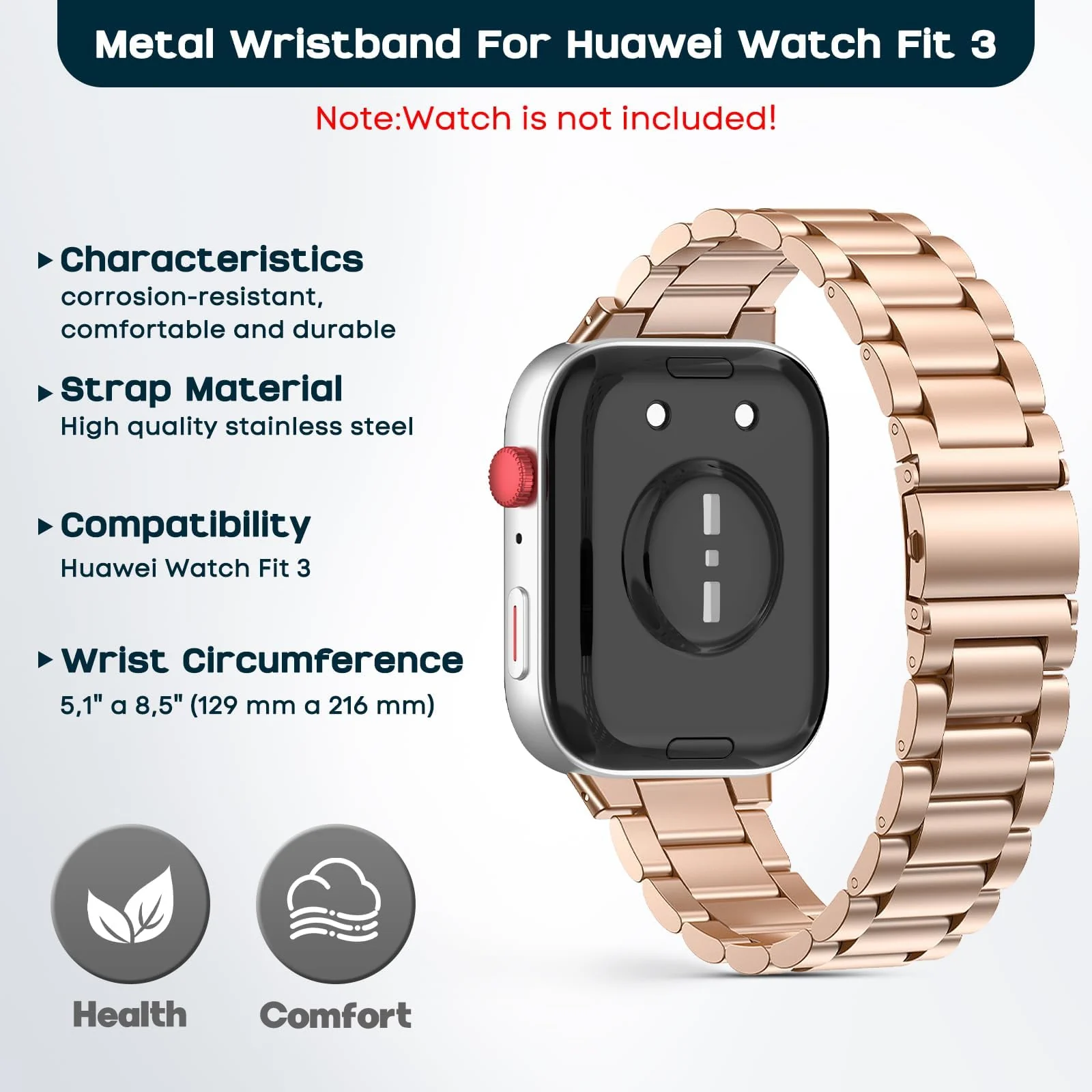 DL3 Mobilak Metal Straps Compatible with Huawei Watch Fit 3/Fit 4/Fit 4 Pro Strap, Stainless Steel Replacement Band with Folding Clasp, Adjustable Replacement Bracelet Wristband - Rose Gold