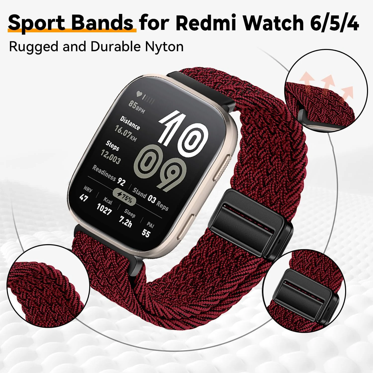 DL3 Mobilak Braided Bracelet Compatible with Redmi Watch 4/5 / 6 / Xiaomi Smart Band 8 Pro/Band 9 Pro, Nylon Magnetic Fabric Elastic Sport Nylon Replacement Strap for Men Women - Red Black