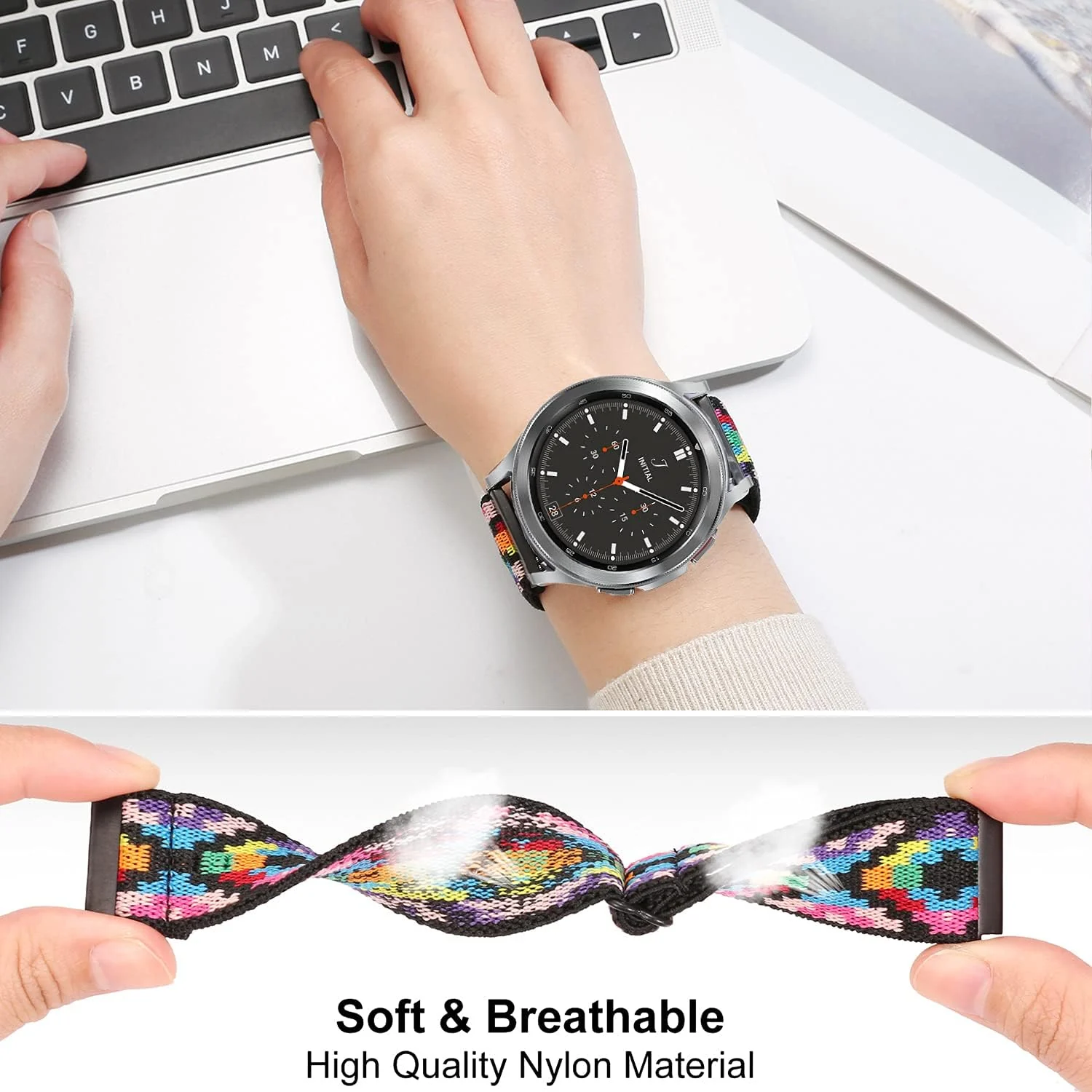 DL3 Mobilak Strap Nylon Loop 20MM Band For Samsung Galaxy Watch 7/6/5/4 40mm 44mm/Watch 5 Pro 45mm/S2 classic/active 2 40mm 44mm/Amazfi GTS 2/2e/3/3 Pro/4/GTS 2 Mini/3 Mini/4 Mini/Bip 3 - Black
