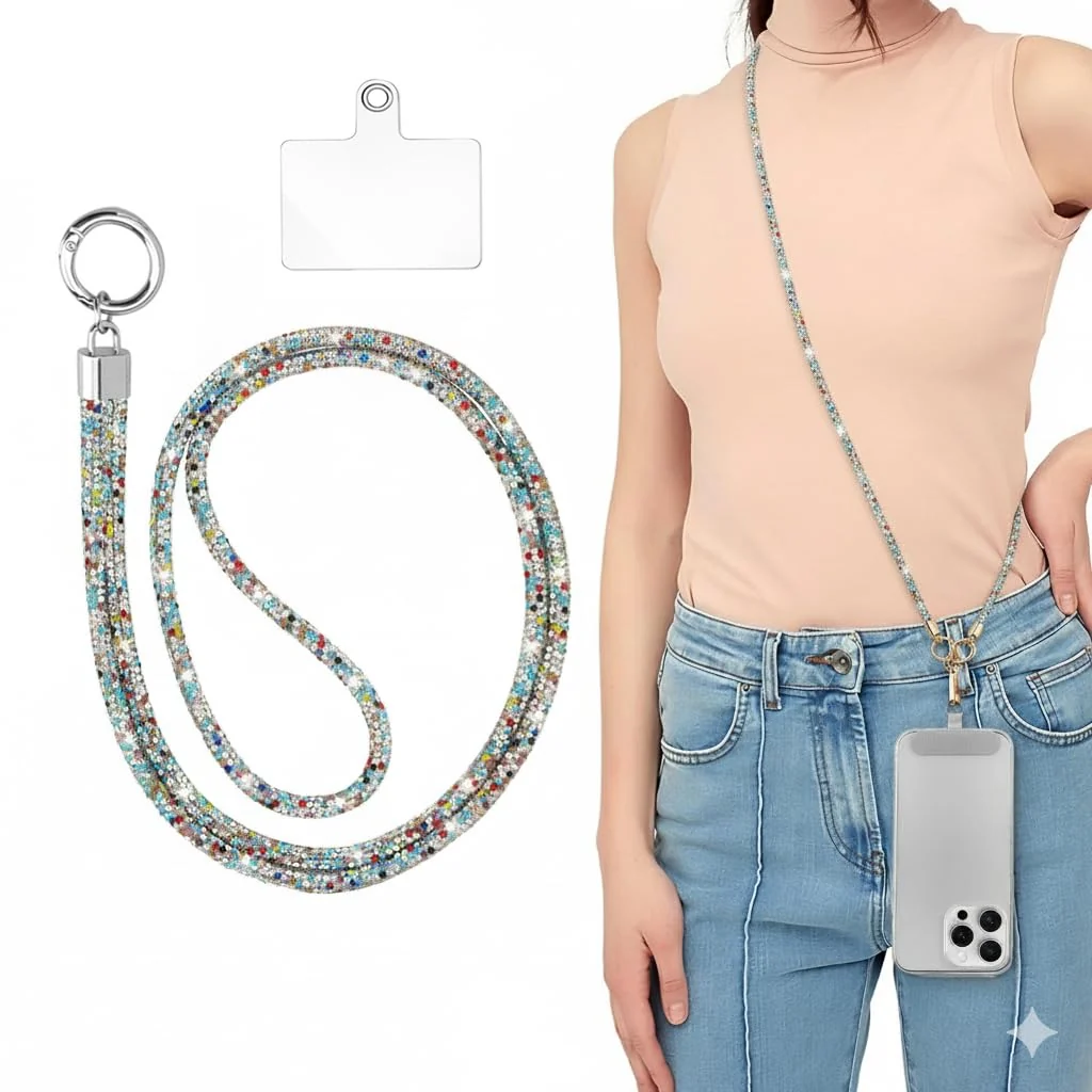 DL3 Mobilak Universal Phone Lanyard Crossbody, Rhinestone Cell Phone Chain Anti-Theft with 1× Shiny Phone Strap, 1× Pad for Most Smartphones, Diamond Phone Neck Holder for Women - Colorful Blue