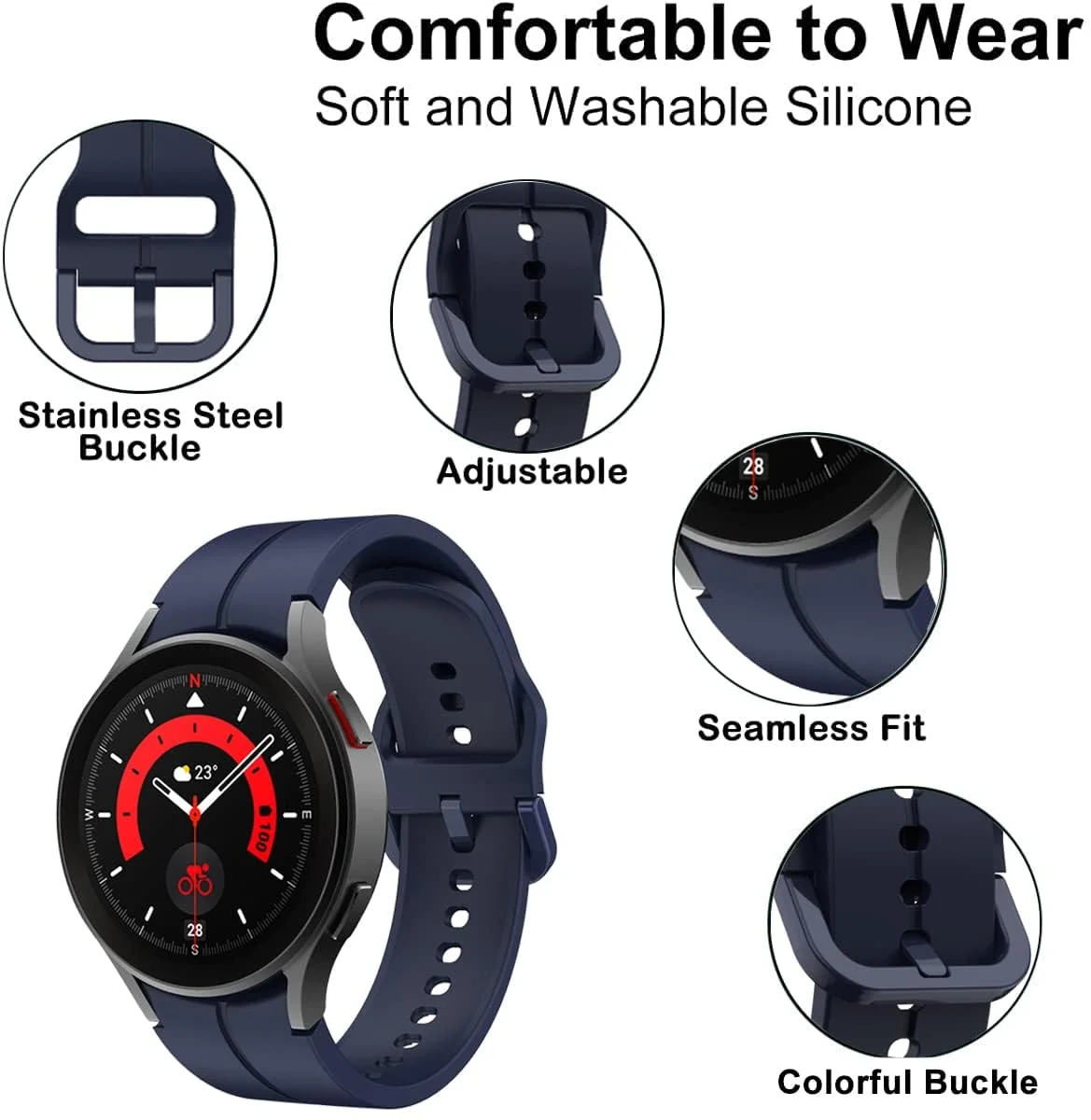 DL3 Mobilak Sport Watch Band Compatible with Samsung Galaxy Watch 7 FE 6 5 4 Band 40mm 44mm/ Galaxy Watch 6 Classic Bands 43mm 47mm/Watch 5 Pro Band 45mm/ Galaxy Watch4 Classic Band 42mm 46mm, No Gap - Dark Blue
