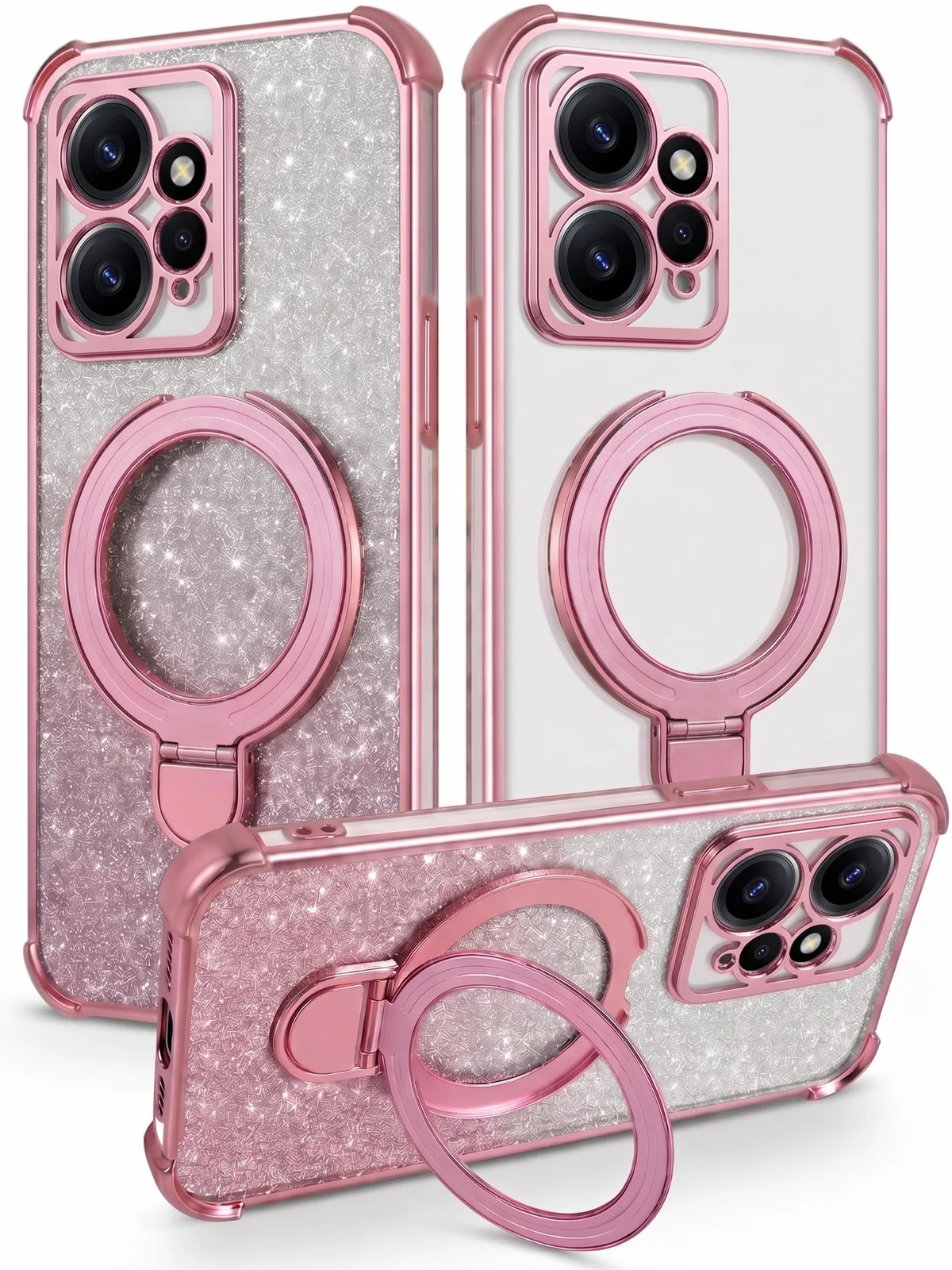 MOBIGON Glitter Phone Case with Magnetic Ring Stand for Xiaomi Redmi Note 12 4G, Pink