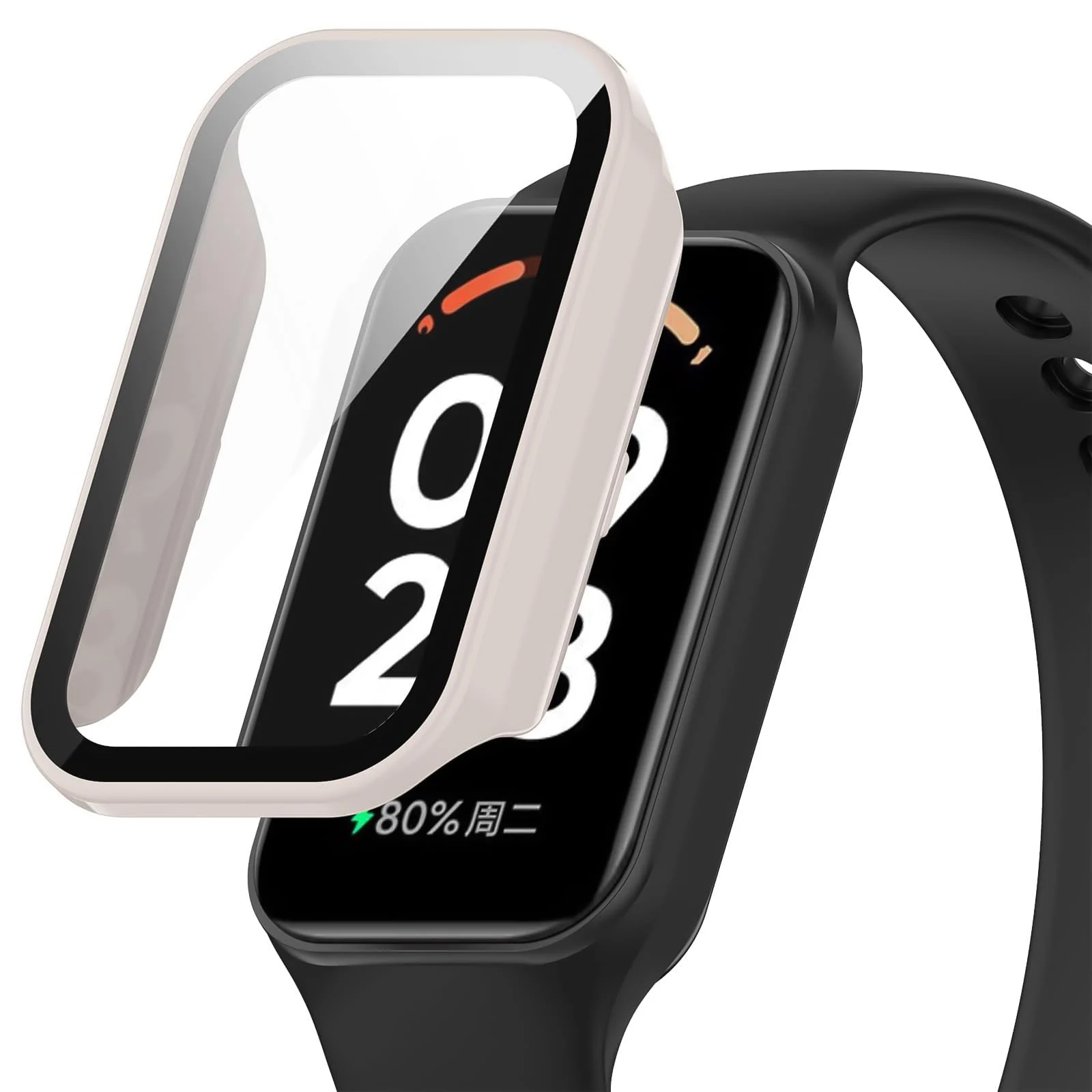 DL3 Mobilak Case Compatible with Xiaomi Redmi Band 2/ Xiaomi Smart Band 8 Active, Full Coverage Slim Hard PC Case Protective Bumper Built-in Tempered Glass Screen Protector Shell - Ivory White