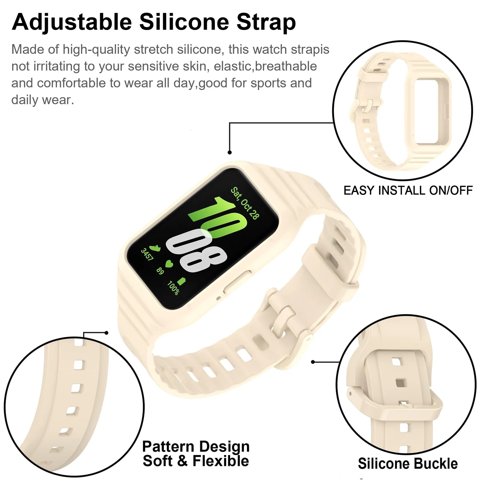 DL3 Mobilak Strap Compatible with Samsung Galaxy Fit 3 SM-R390, Silicone Sport Band Replacement Watchband with Bumper Case for Samsung Galaxy Fit 3, Adjustable Wristband - Beige