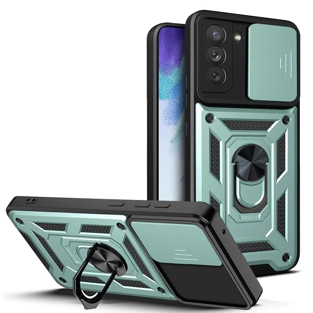 DL3 Mobilak Military-Grade Protective Case with Sliding Camera Cover, Metal Ring Kickstand and Magnetic Car-Mount Support for Samsung Galaxy S21 FE 5G - Green