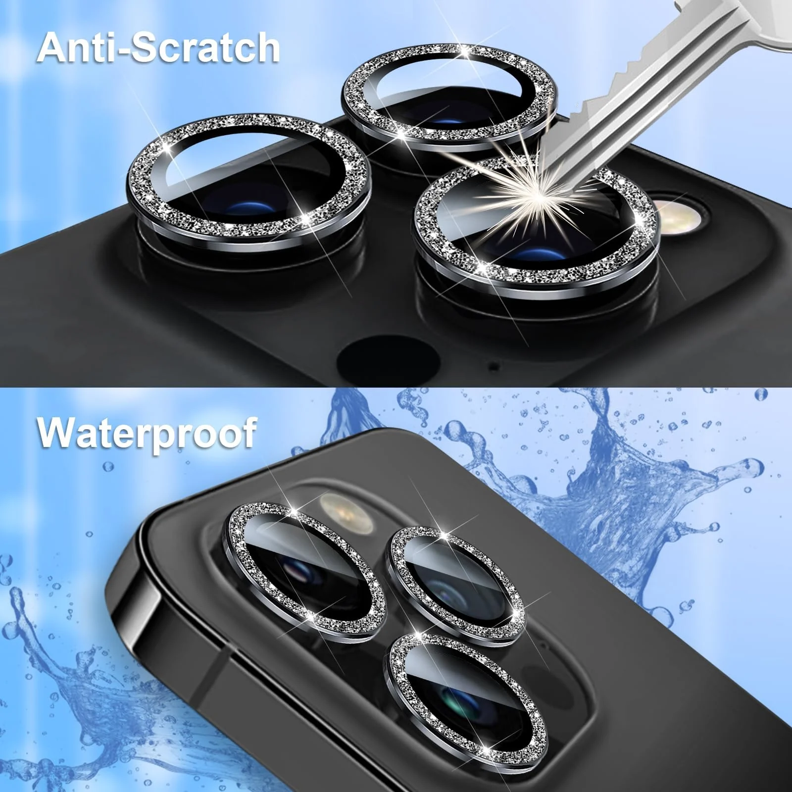 DL3 Mobilak Camera Lens Protector For iPhone 15 Pro/iPhone 15 Pro Max, [Keep Original Shooting] Tempered Glass Screen Protector Metal Individual Camera Cover, Case Friendly - Glitter Black