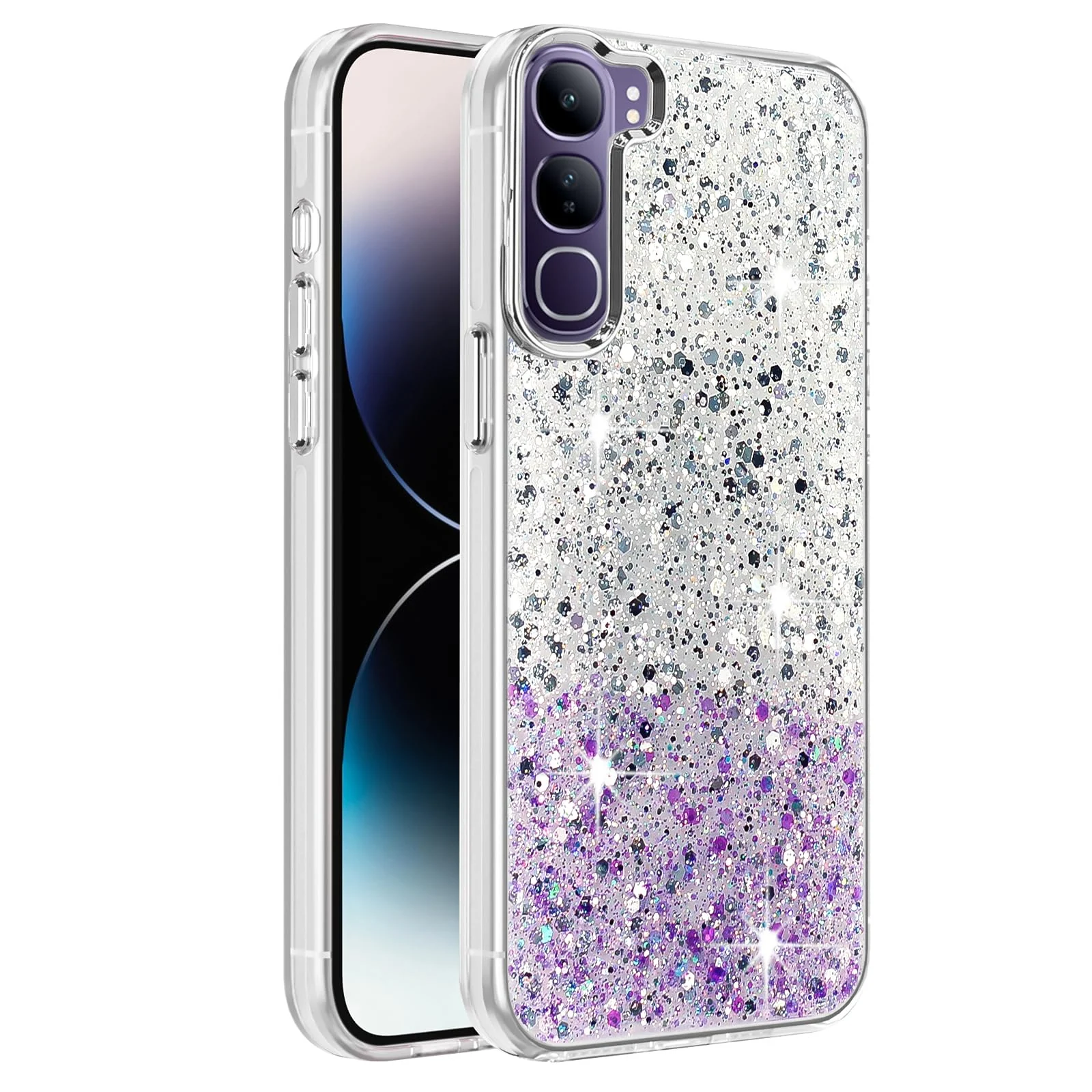 DL3 Mobilak Compatible with Vivo V40 Lite Case, Clear Glitter Bling Sparkly, Soft TPU Frame Bumper, Hard-Back Cover for Women & Girls, Transparent Protective Phone Case - White Purple