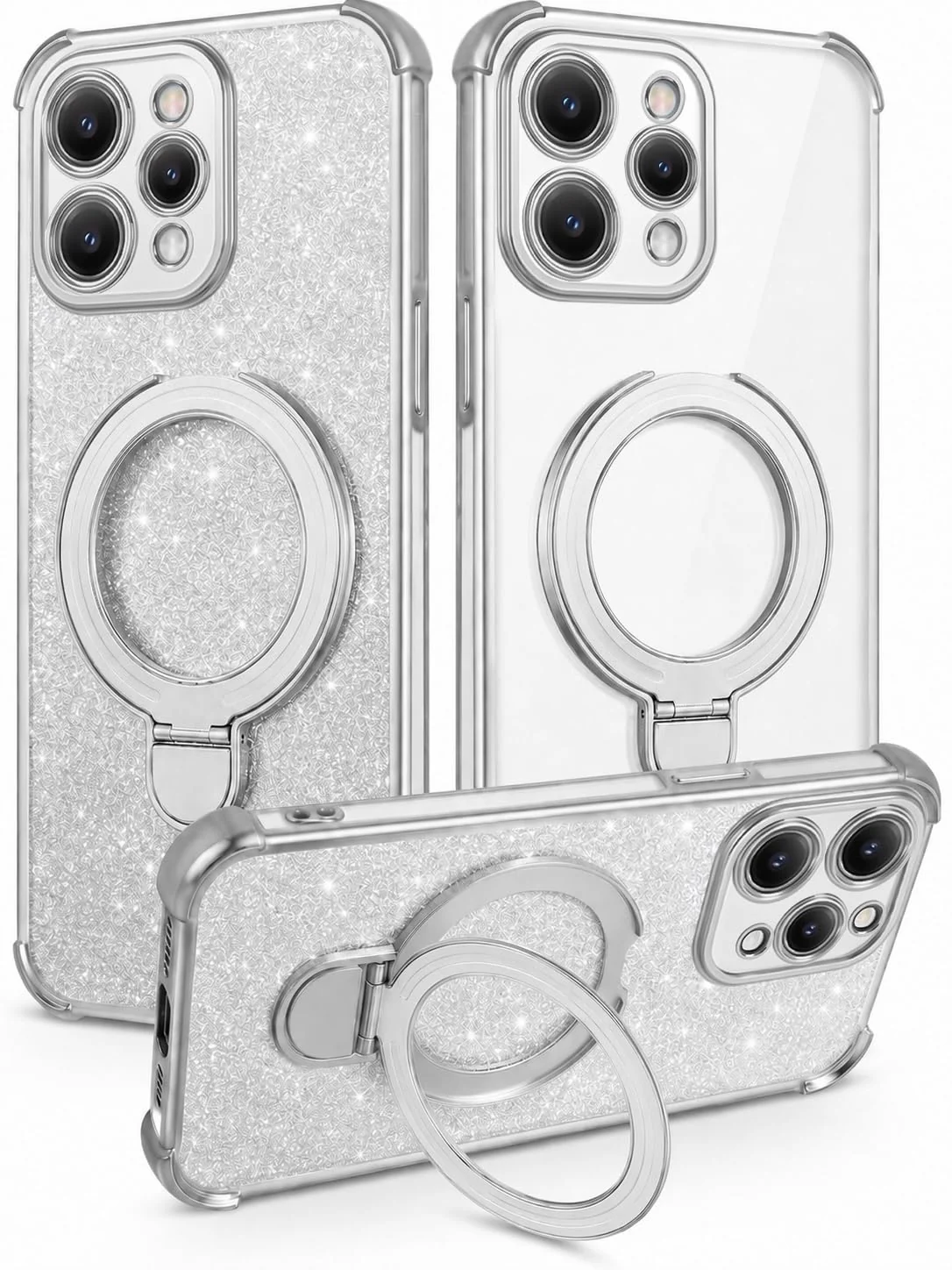 MOBIGON Glitter Phone Case with Magnetic Ring Stand for Xiaomi Redmi 12 4G / 5G, Silver