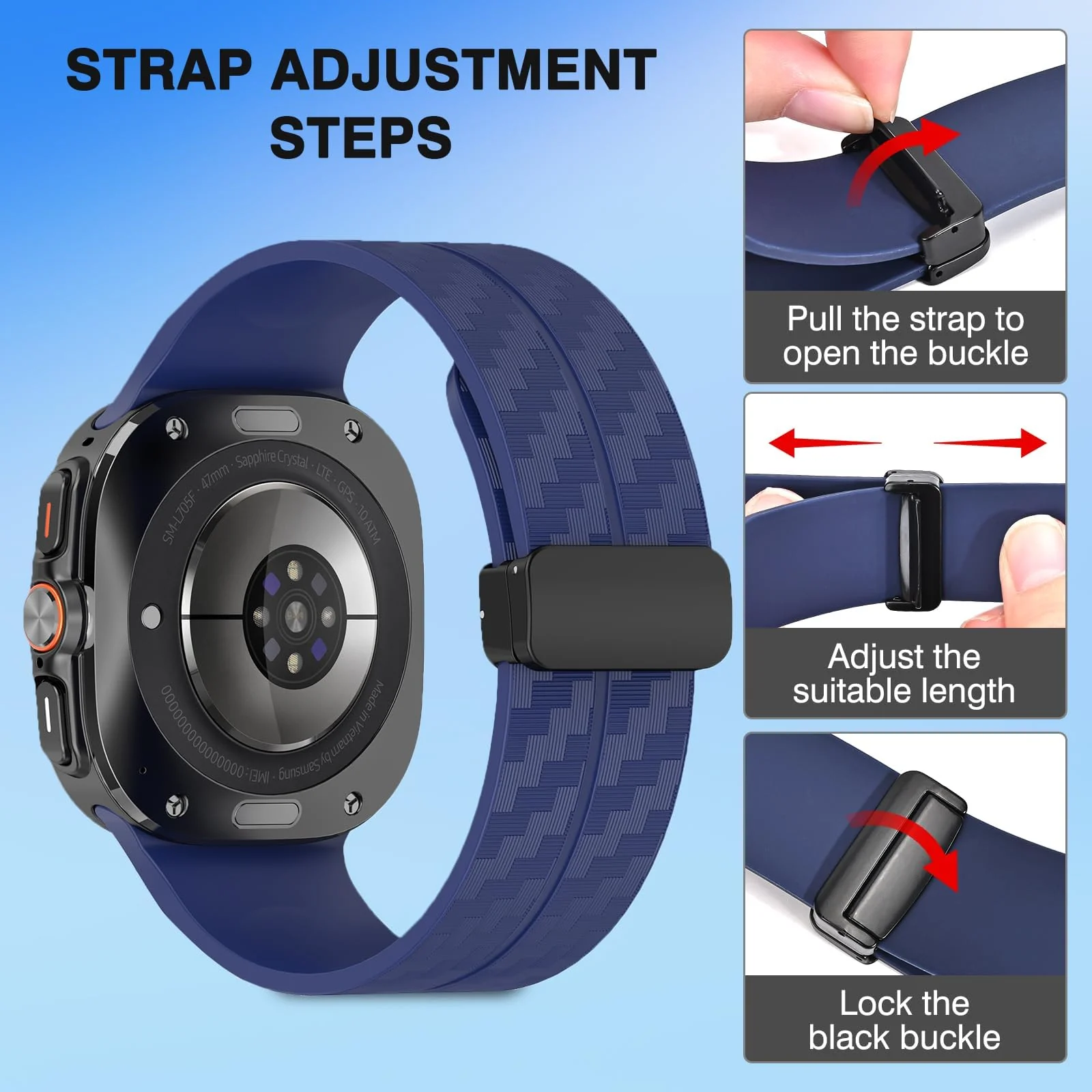 DL3 Mobilak Compatible for Samsung Galaxy Watch Ultra Band 47mm for Men Women, Soft Silicone Waterproof Sport Strap with Magnetic Clasp, Stylish Carbon Fiber Replacement Galaxy Watch 7 Ultra Bands - Blue