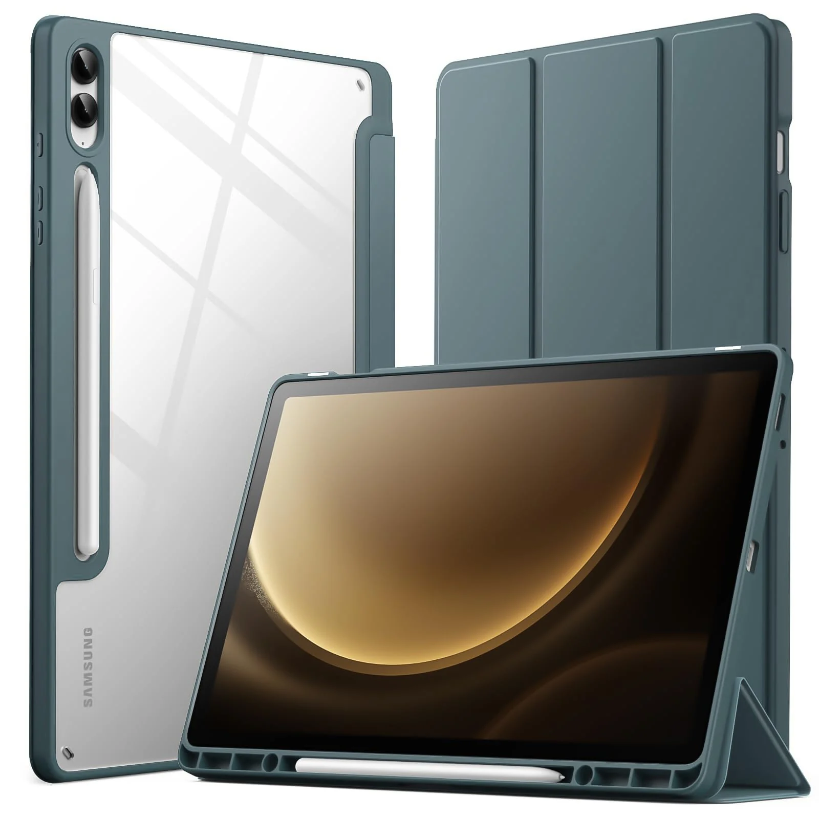 DL3 Mobilak Hybrid Slim Case for Samsung Galaxy Tab S9 FE+ / S9 FE Plus 12.4-Inch with S Pen Holder, Shockproof Cover with Clear Transparent Back Shell, Auto Wake/Sleep - Dark Green