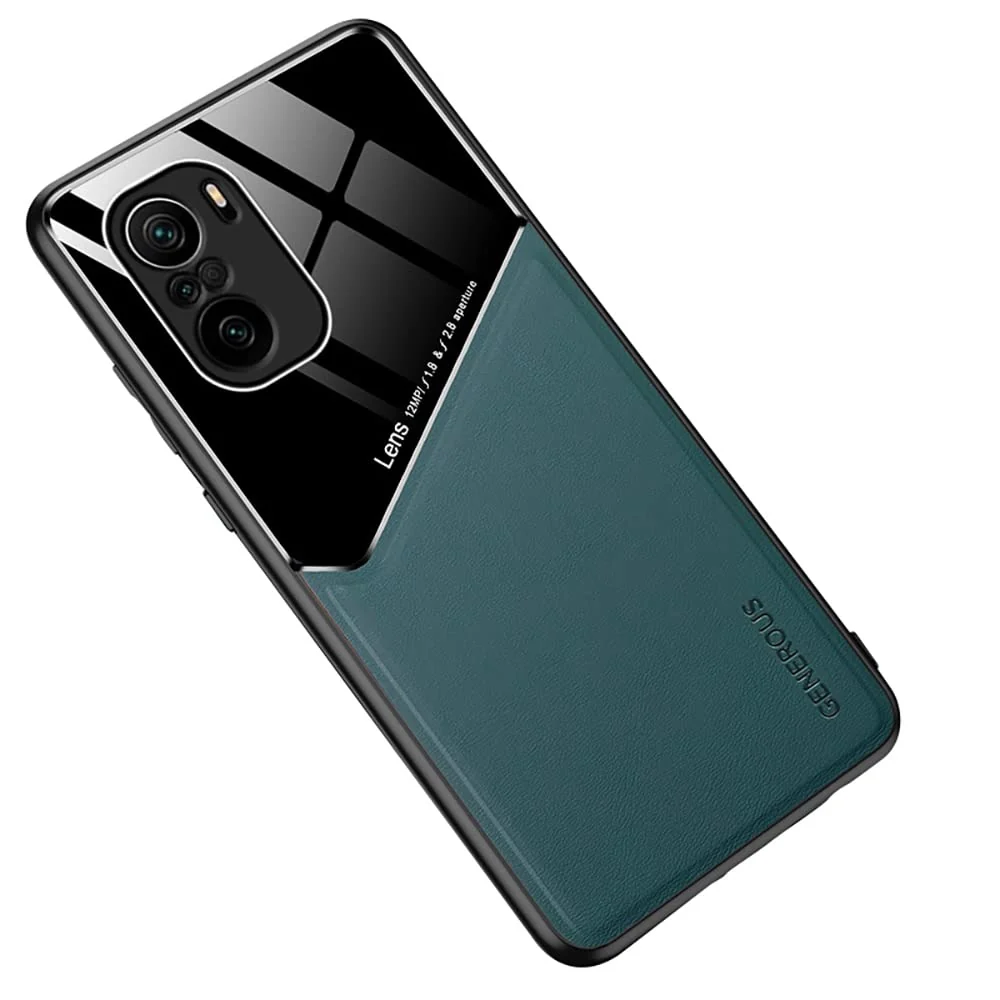 DL3 Mobilak Faux Leather and Plexiglass Protective Case with TPU Frame and Magnetic Car-Mount Support for Xiaomi Poco F3 / RedMi K40 / K40 Pro / Mi 11i / Mi 11X / Mi 11X Pro - Green