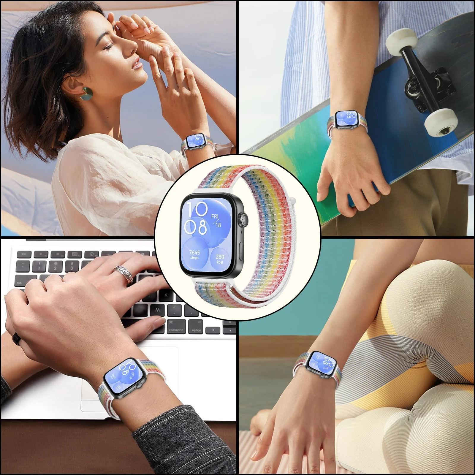 DL3 MOBILAK Elastic Nylon Watch Strap for Huawei Watch Fit 3 / Fit 4 / Fit 4 Pro / Fit 5 / Fit 5 Pro, White*Rainbow