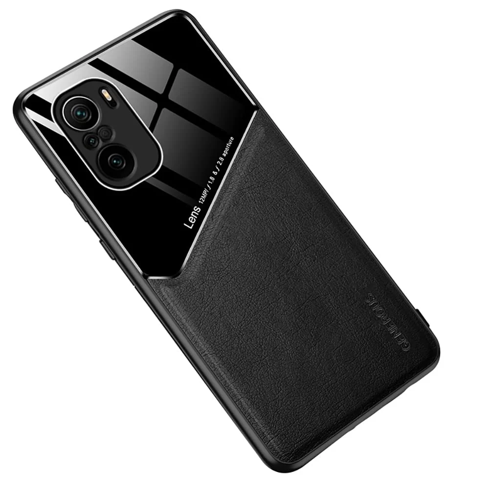 DL3 Mobilak Faux Leather and Plexiglass Protective Case with TPU Frame and Magnetic Car-Mount Support for Xiaomi Poco F3 / RedMi K40 / K40 Pro / Mi 11i / Mi 11X / Mi 11X Pro - Black