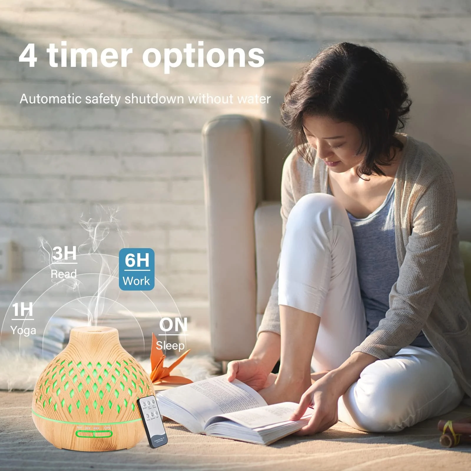 Mobigon Wood Cool Mist Ultrasonic Humidifier for Room Moisture, Aroma Diffuser for Home, 400ml Essential Oil Diffuser with 7 Colorful Night Light, Auto Shut-Off, Home, Office - Light woody