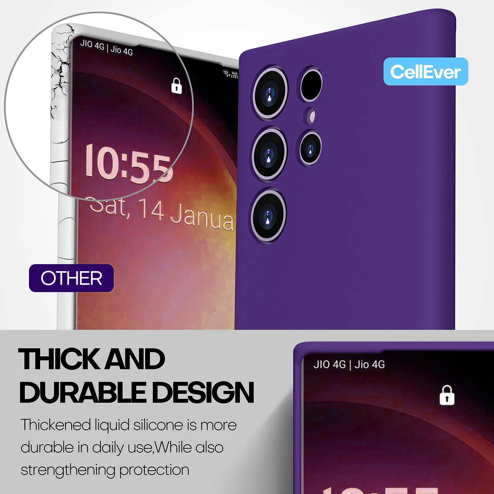 DL3 Mobilak Silicone Protective Case for Samsung Galaxy S24 Ultra, Shock-absorbing protection, Built-in kickstand, Integrated ring holder - Purple