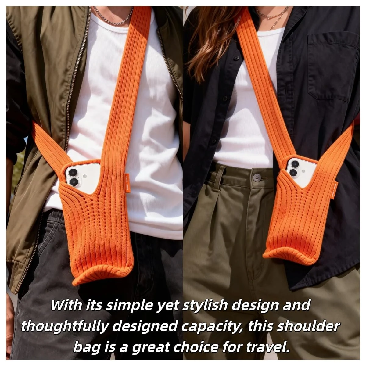 DL3 Mobilak Phone Pocket Lanyard Crossbody Strap 80cm, Universal Stretch Knit Mobile Holder Pouch, Hands-Free Shoulder Phone Bag for iPhone & All Smartphones, Lightweight Minimalist Design - Orange