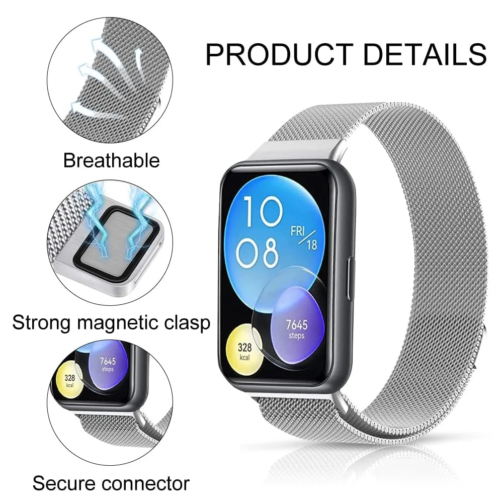 DL3 Mobilak Bracelet Compatible with Huawei Watch Fit 2, Stainless Steel Replacement Strap, Mesh Metal Watch Strap, Magnetic Adjustable Replacement Strap Compatible with Huawei Watch Fit2 - Black