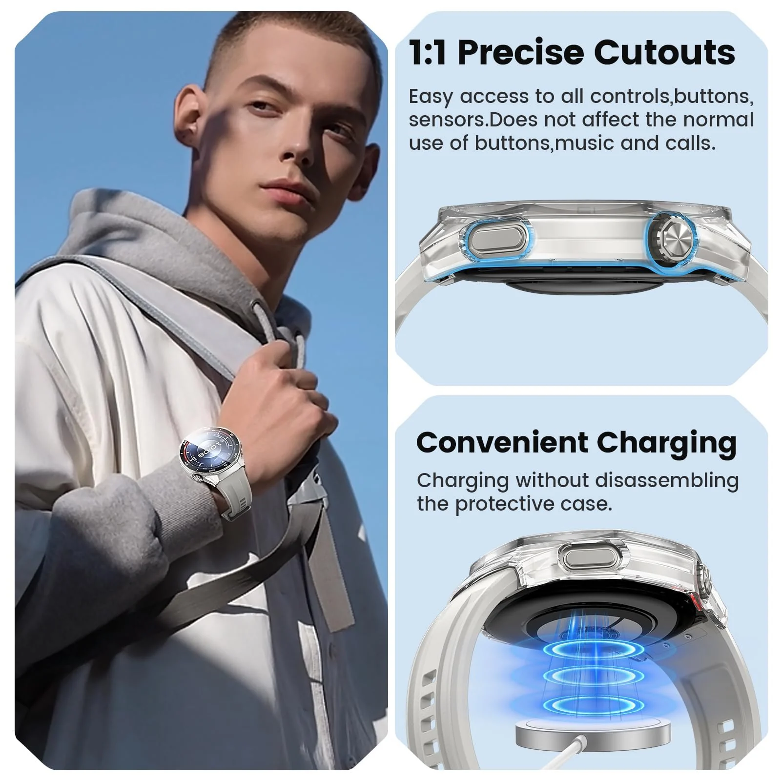 DL3 Mobilak Protective Case for Huawei Watch GT 6 Pro 46mm, Hard PC Bumper Cover with Built-in Tempered Glass Screen Protector Shell Cover Full Coverage with Scale for GT6 Pro 46 mm - Silver