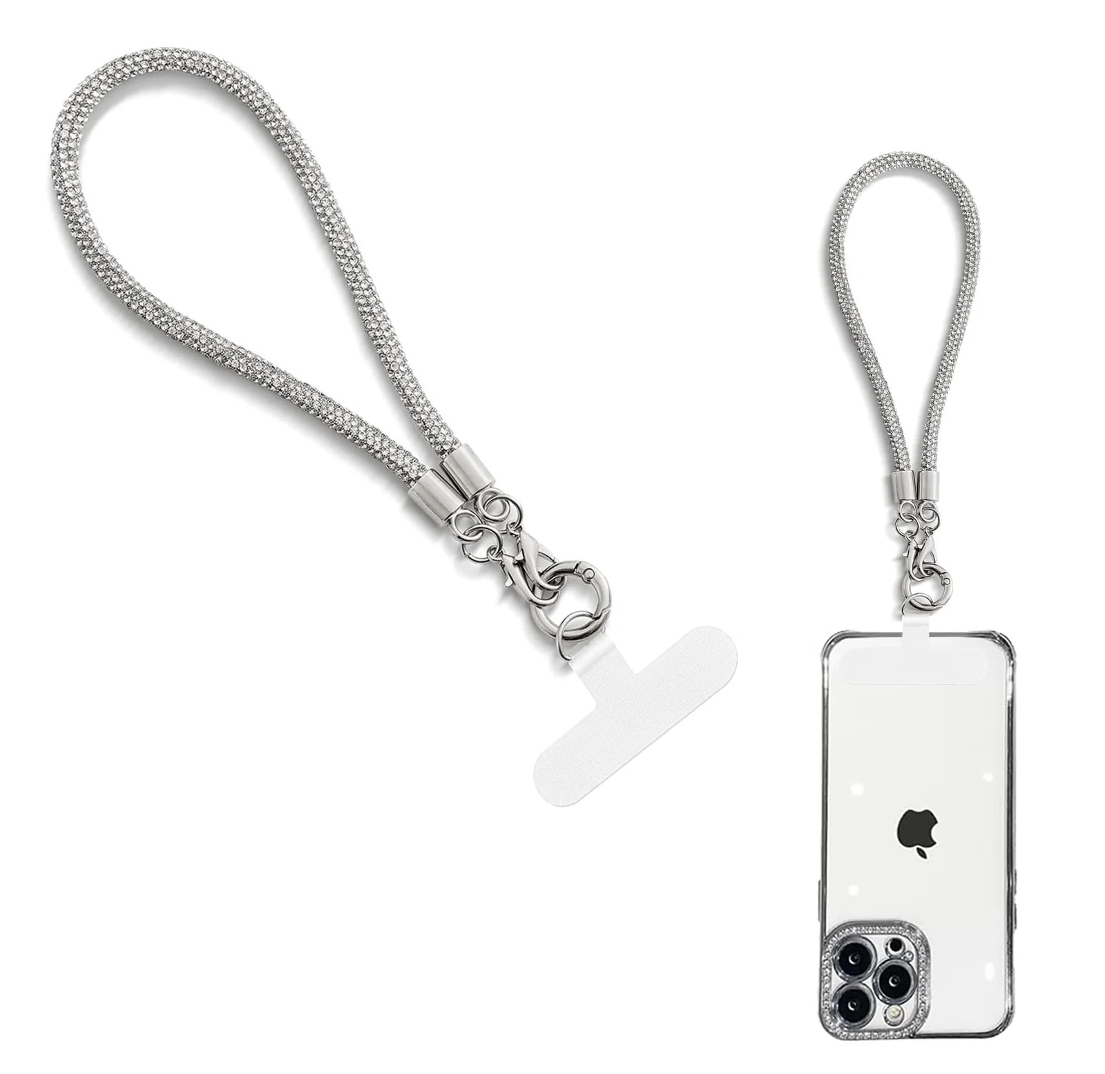 DL3 Mobilak Glitter Phone Wrist Strap, Bling Rhinestone Short Hand Lanyard Bracelet with Keychain & Card Holder, Universal Mobile Phone Chain & Handbag Strap for Women - Silver