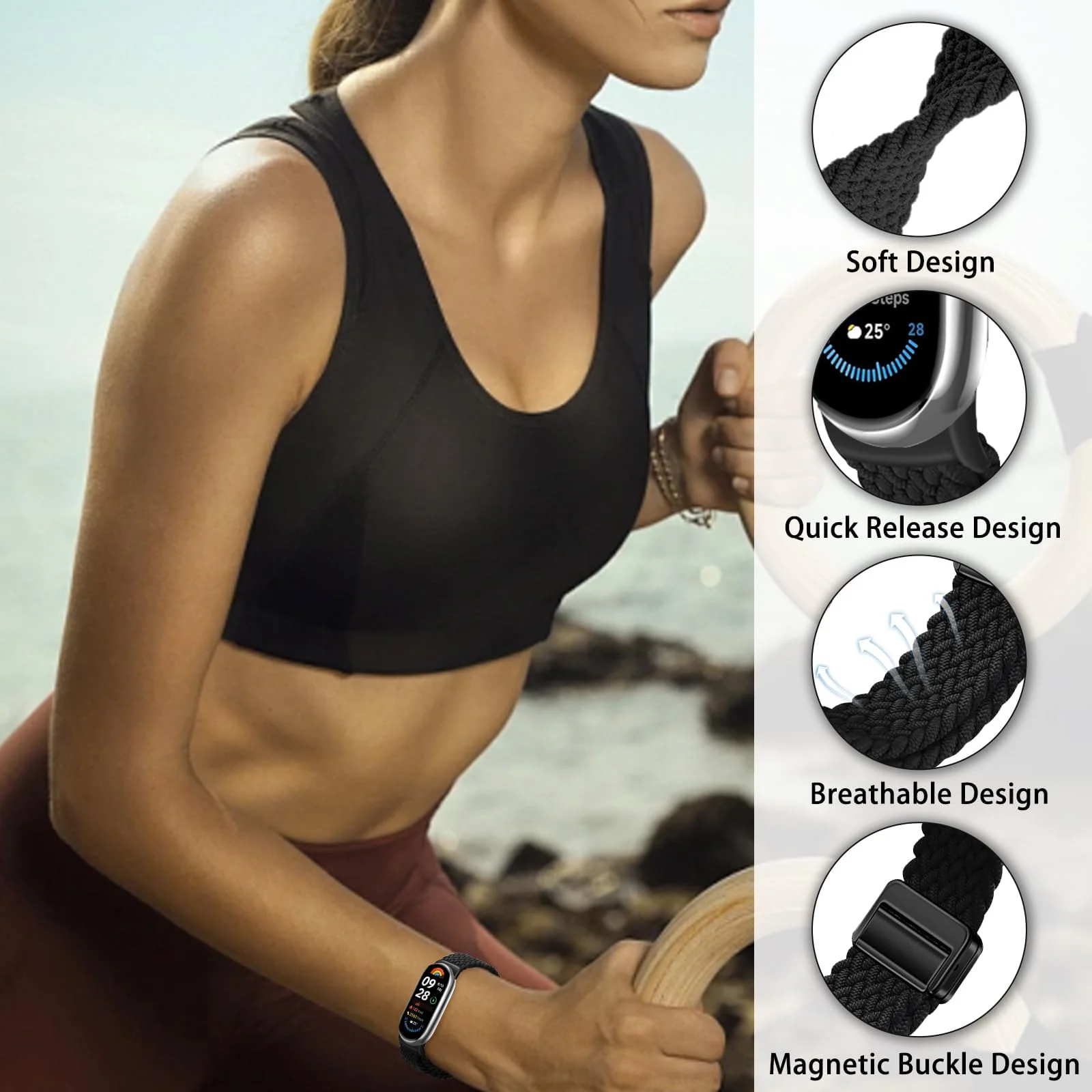 DL3 Mobilak Braided Strap for Xiaomi Mi Band 10/9/8, Men Women Breathable Elastic Nylon with Magnetic Buckle Watch Band for Xiaomi Smart Band 10/Xiaomi Smart Band 9/8 - Black