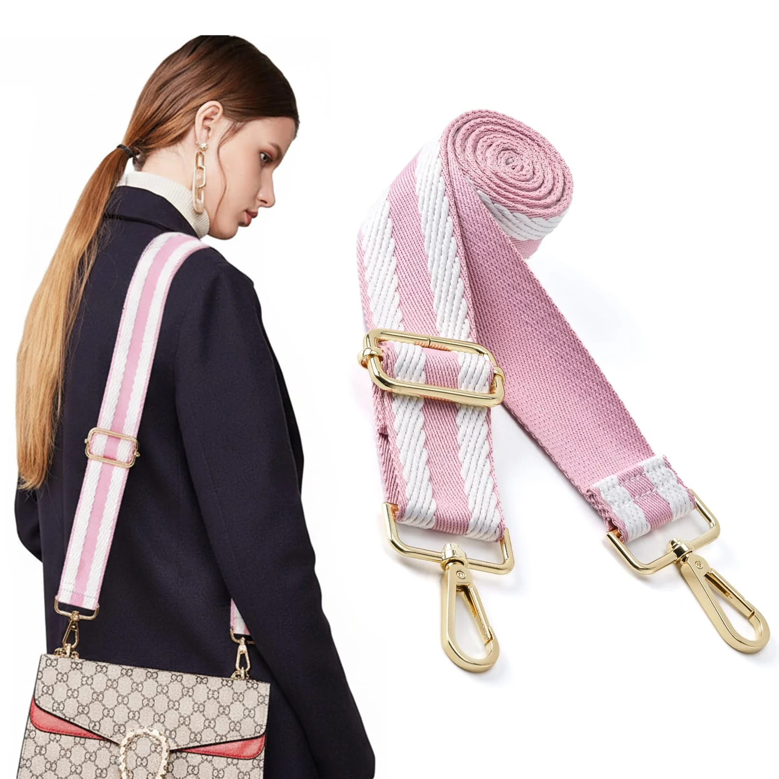 DL3 Mobilak Adjustable Wide Crossbody Bag Strap for Women, Replacement Shoulder Strap for Handbags, Totes & Purses with Elegant Embroidered Pattern and Metal Hooks - Pink White