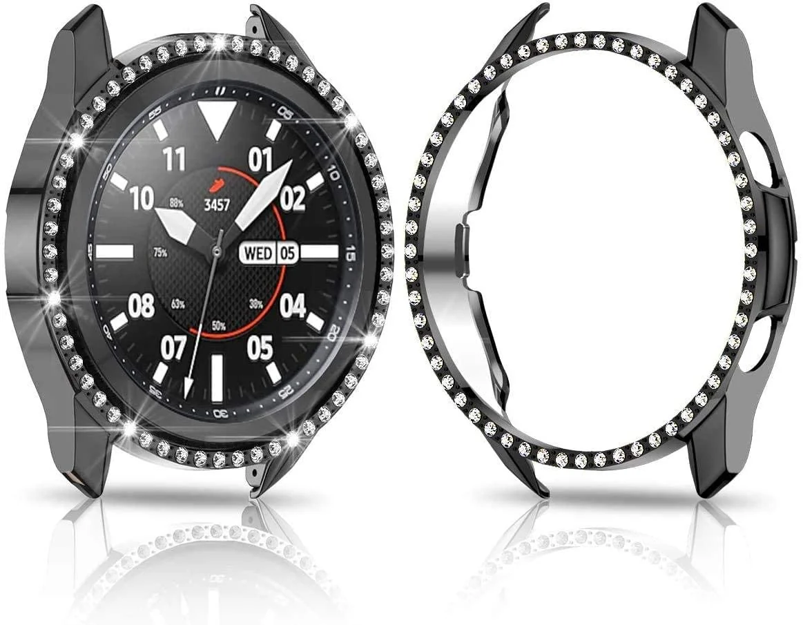 DL3 Mobilak Bumper Diamond Case Compatible with Samsung Galaxy Watch 3 45MM, Bling Crystal Diamonds PC Plastic Protector Case Cover Frame for Galaxy Watch3 45 MM - Black