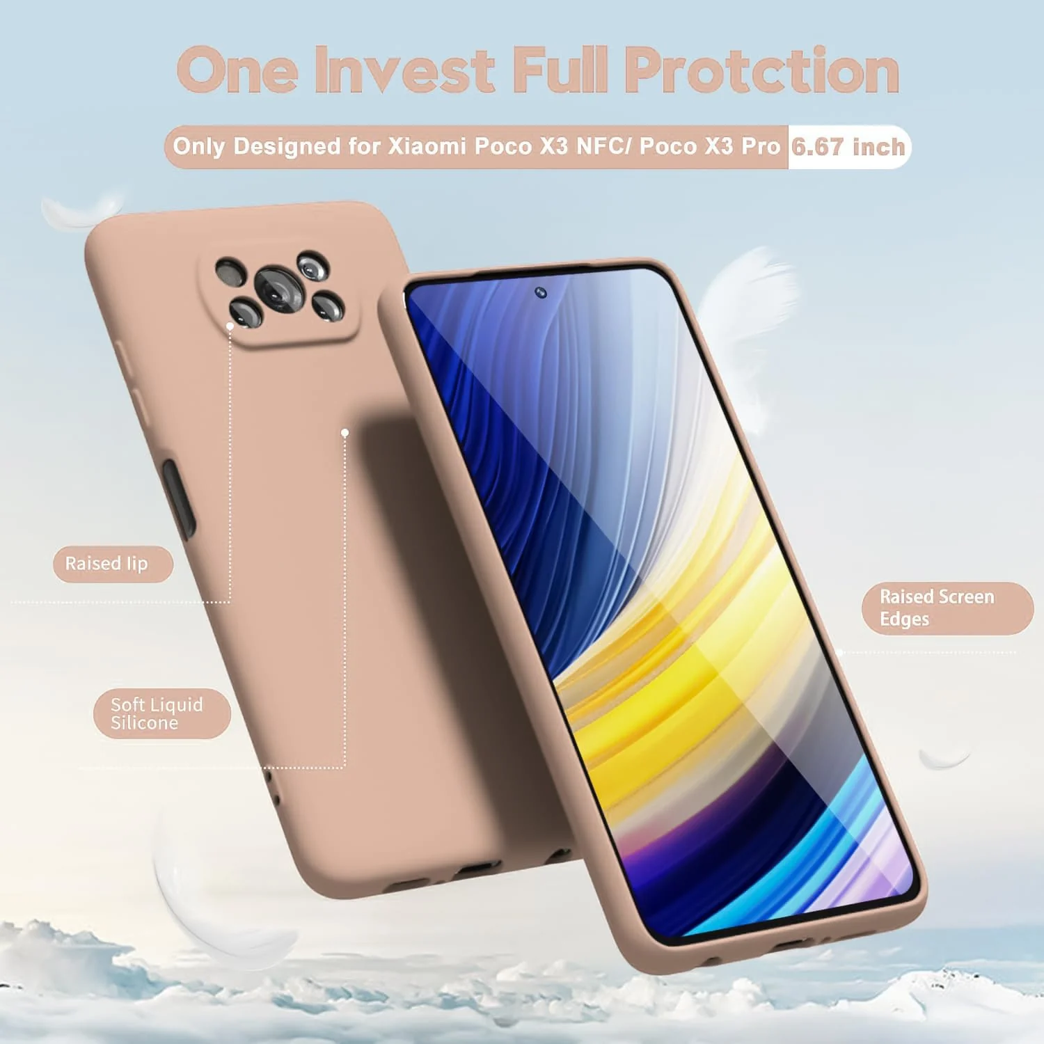 DL3 Mobilak Liquid Silicone Case for Xiaomi Poco X3 Pro / Poco X3 NFC / Poco X3, Not compatible with MagSafe, Supports wireless charging, Camera protection - Light Orange