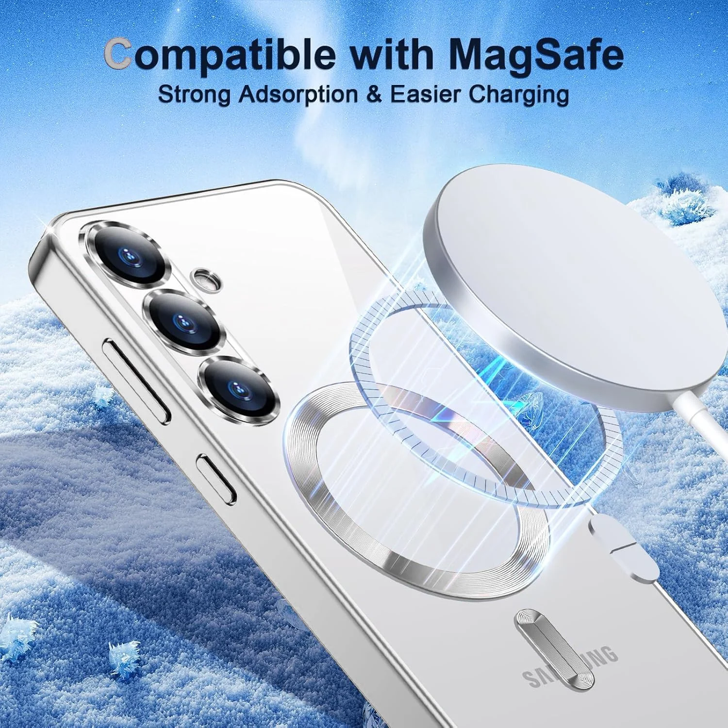 DL3 Mobilak Clear MagSafe-Compatible Magnetic Case for Samsung Galaxy S25 FE 5G with Camera Protection and Magnetic Car-Mount Support - Silver