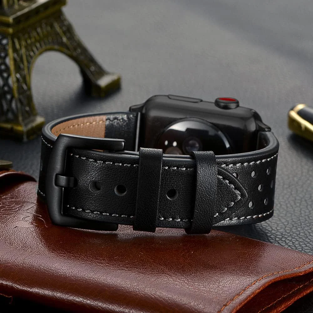 DL3 Mobilak Compatible with Apple Watch Band 49mm 46mm 45mm 44mm 42mm Leather Band Replacement Strap, Soft Leather Bracelet for iWatch Series 11 10 9 8 7 6 5 4 SE SE2 Ultra 3 2 1 - A.Black