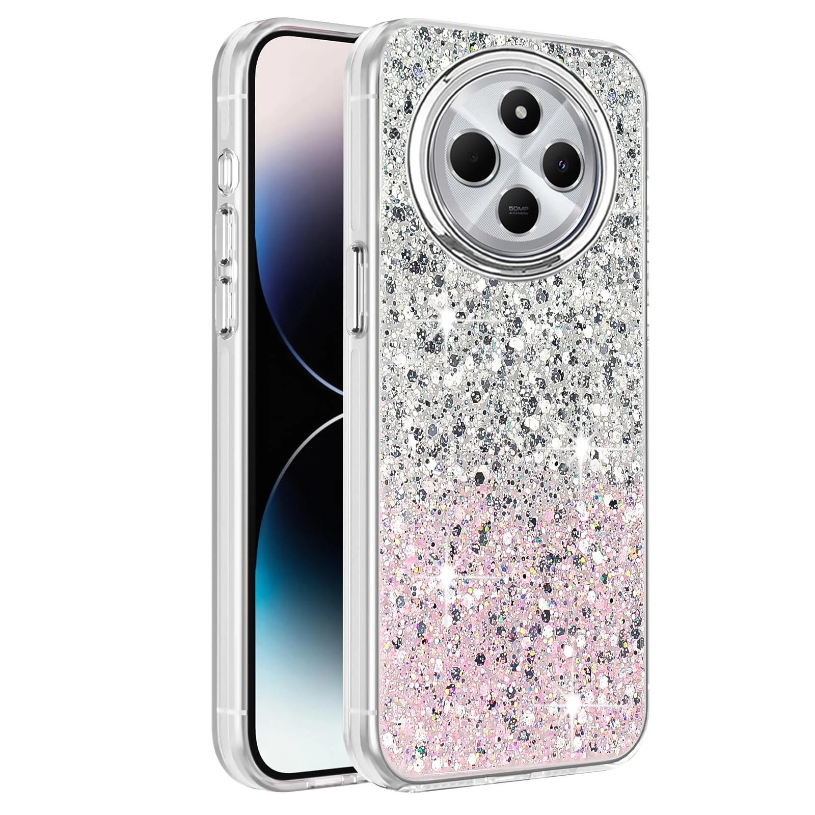 DL3 Mobilak Glitter Rhinestone Protective Case for Xiaomi Redmi 14C 4G / Poco C75 with Shockproof Design - White Pink