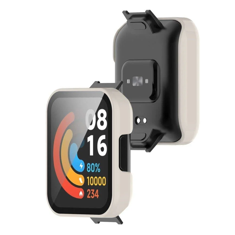DL3 Mobilak Protective Case Compatible with Xiaomi Mi Redmi Watch 2 Lite, 9H Hardness PC Case Bumper Full Slim Protective Cover with Tempered Glass For Redmi Watch2 Lite - Ivory White