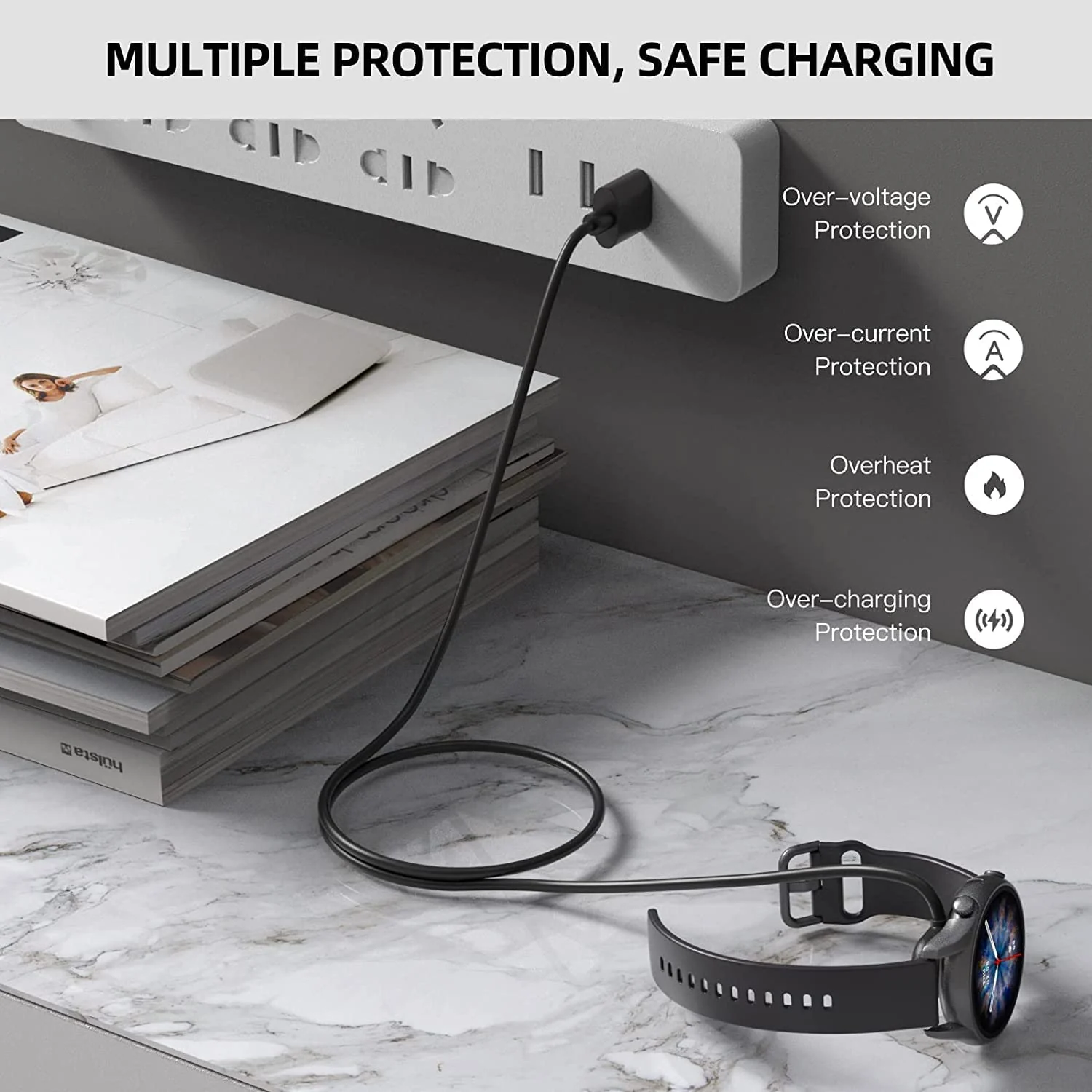 DL3 Mobilak Magnetic Charger Compatible with Amazfit GTS 3/GTS 4, GTR 3/GTR 3 Pro, GTR 4/GTR 4 Pro, T-Rex 2 1M USB Charging Cable Stand Dock Stable and Safty Charger Smartwatch Accessories - Black
