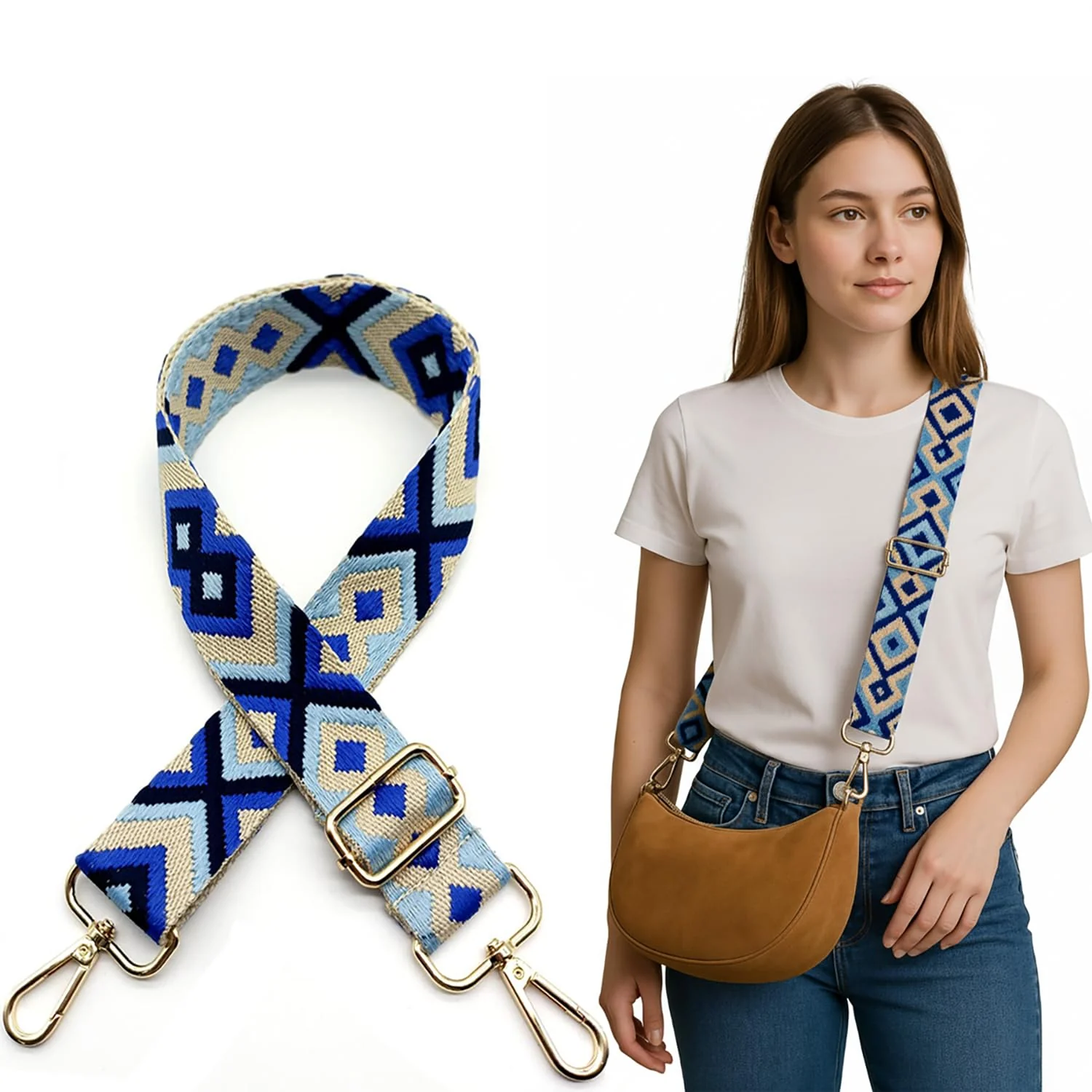 DL3 Mobilak Adjustable Wide Crossbody Bag Strap for Women, Replacement Shoulder Strap for Handbags, Totes & Purses with Elegant Embroidered Pattern and Metal Hooks - Blue Gold