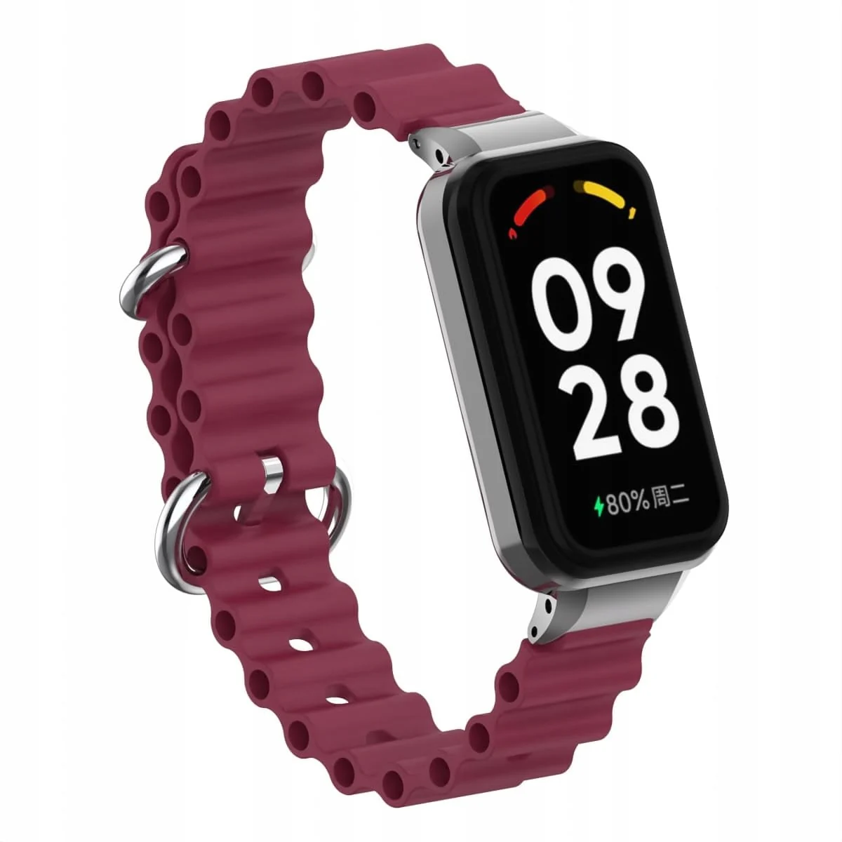DL3 Mobilak Ocean Strap Compatible with Xiaomi Redmi Band 2/Smart Band 8 Active, Adjustable Silicone Band with Metal Buckle and Frame for Women and Men - Wine Red