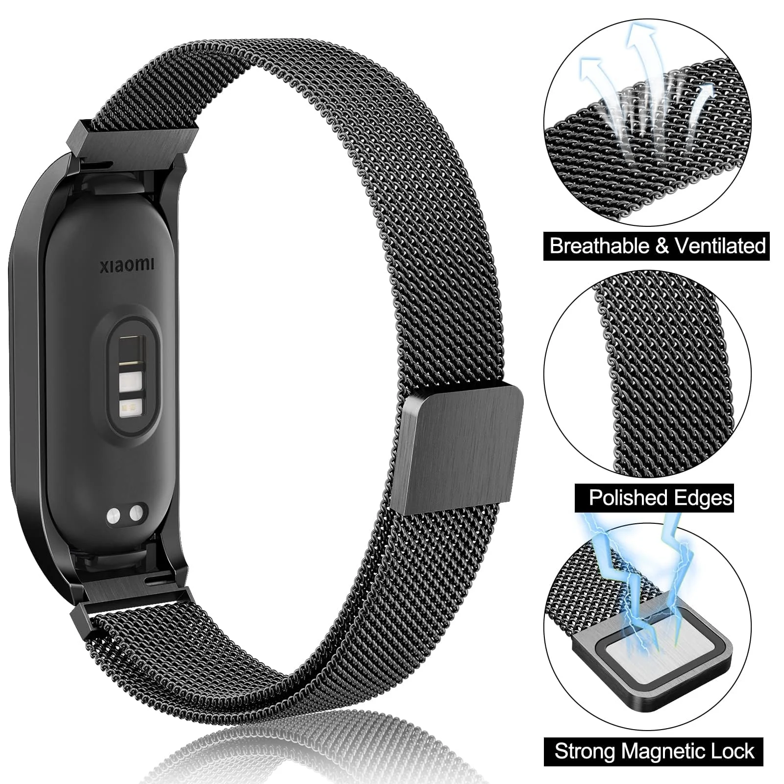 DL3 Mobilak Compatible with Xiaomi Mi Band 7 Strap for Women Men, Adjustable Stainless Steel Metal Replacement Strap Magnetic Metal Wristband, Straps Compatible with Mi Band 7 - Black