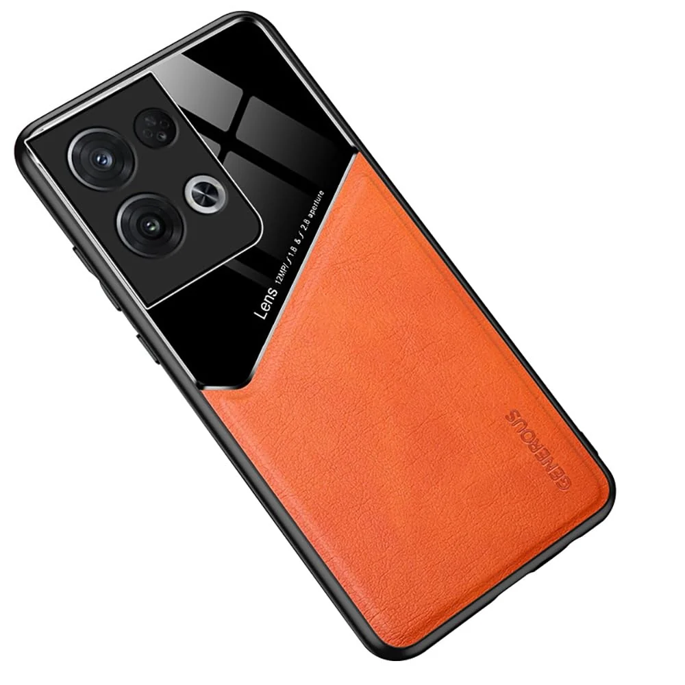 DL3 Mobilak Leather and PC Protective Case for OPPO Reno 8 5G / Reno8 5G, Built-in magnetic car-mount support, Shock-absorbing protection, Raised edges around the screen and camera - Orange