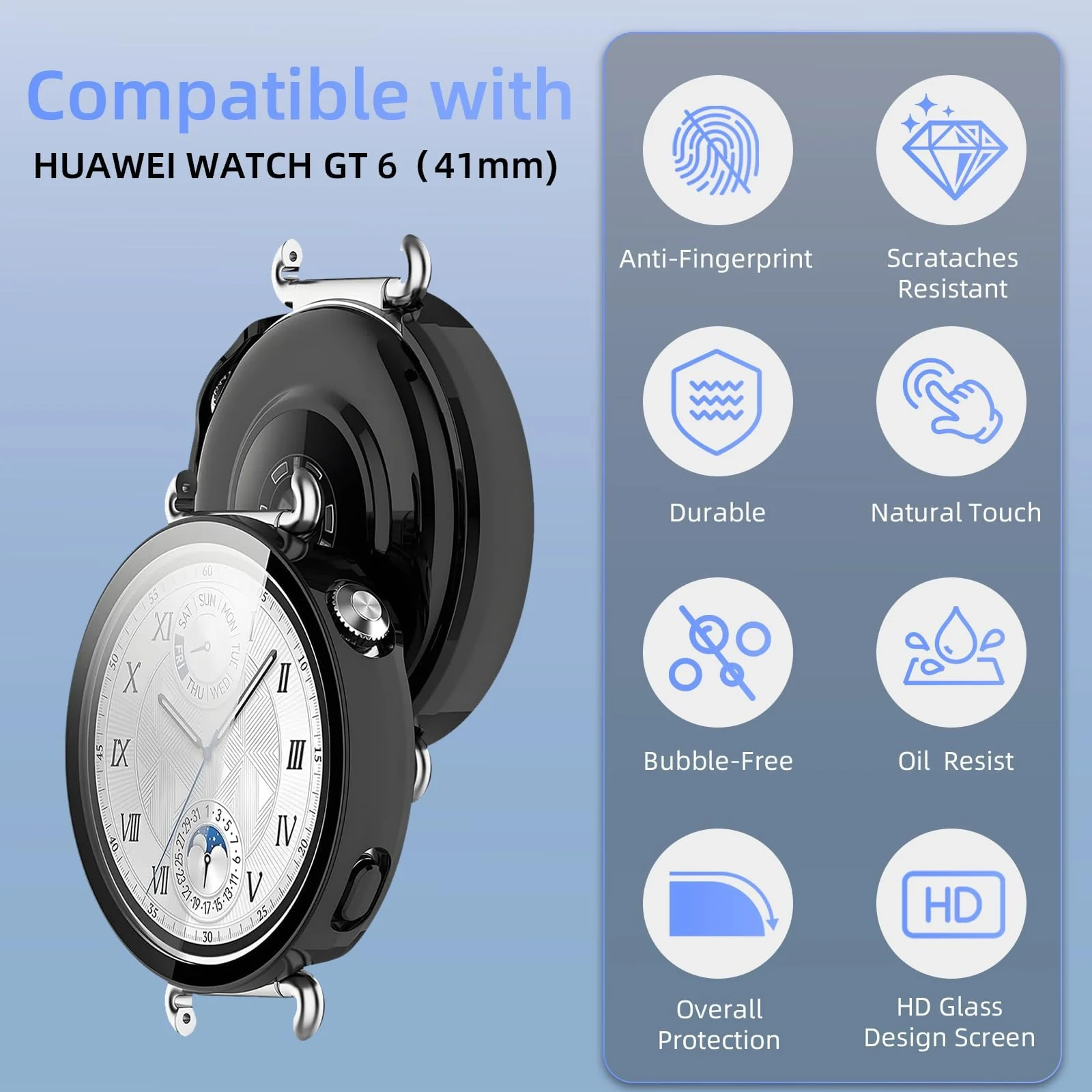 DL3 MOBILAK Full-Coverage Watch Case with Tempered Glass for Huawei Watch GT 6 41 mm, Black