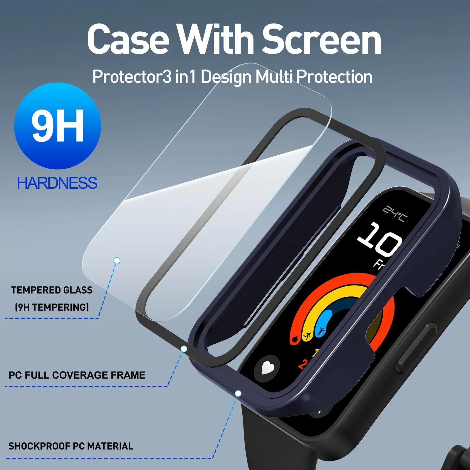 DL3 Mobilak Case with Screen Protector for Huawei Band 10, Bumper Full Coverage Hard PC Overall Protective Cover, Built-in Tempered Glass Film High Sensitivity For Huawei Band 10 - Blue