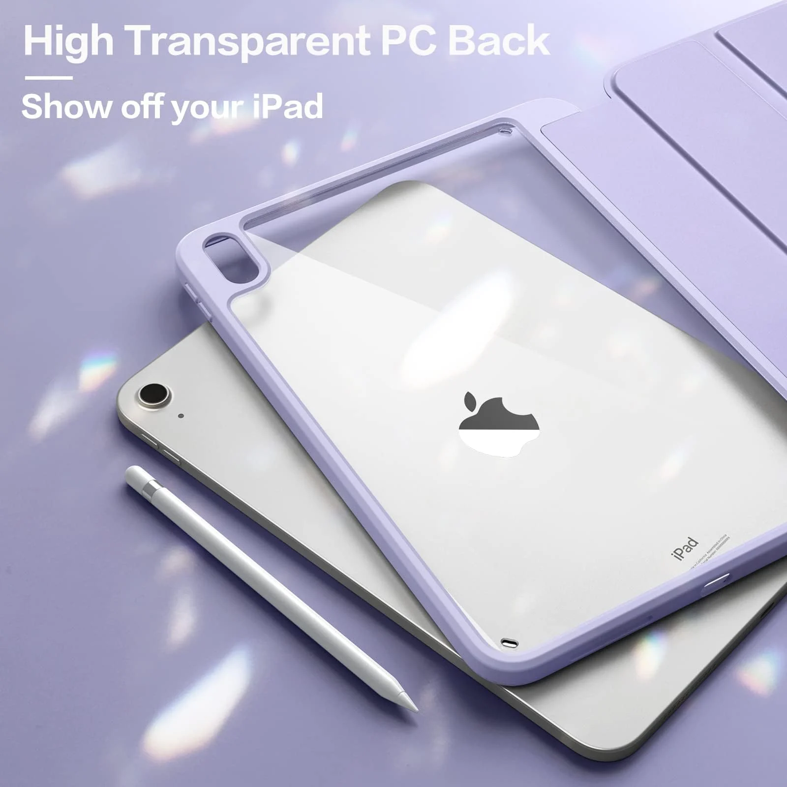 DL3 Mobilak Case for For iPad Air 11-Inch M2 (2024), iPad Air 5/4 (2022/2020 5th/4th 10.9-Inch), Clear Shockproof Back Cover Built-in Pencil Holder, Auto Sleep/Wake - Lavender