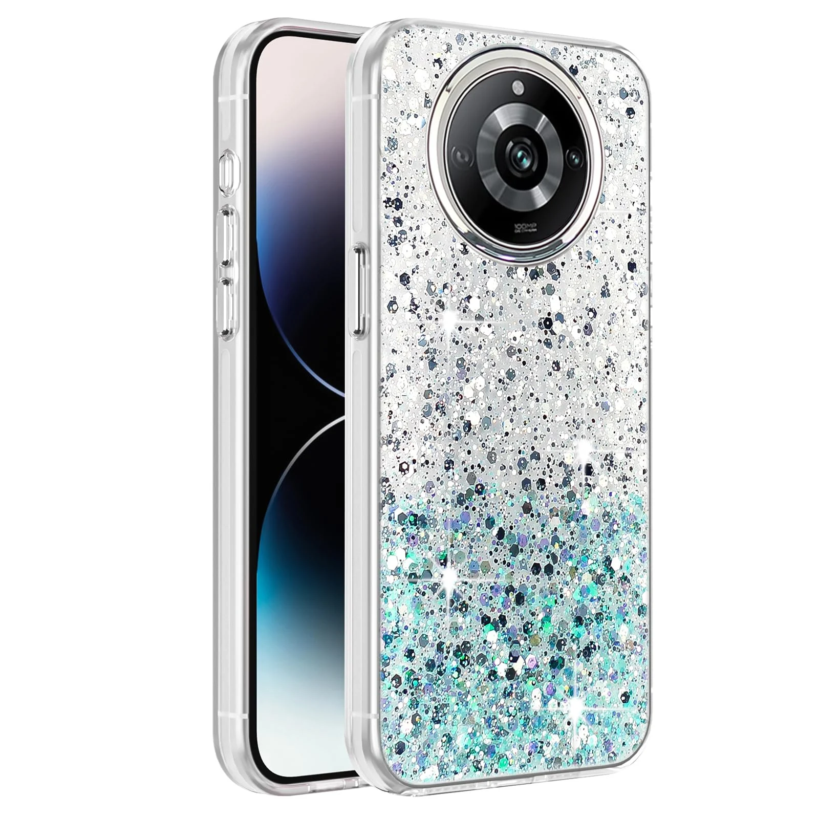 DL3 Mobilak Glitter Protective Case for realme 11 Pro 5G / realme 11 Pro + Plus 5G, Supports wireless charging, Camera protection, Shock-absorbing protection - White Green