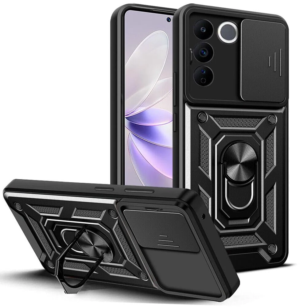 DL3 Mobilak Protective Case with Sliding Camera Cover, Metal Ring Kickstand and Magnetic Car-Mount Support for vivo V27 5G / vivo V27 Pro 5G / S16 Pro 5G / S16 5G - Black