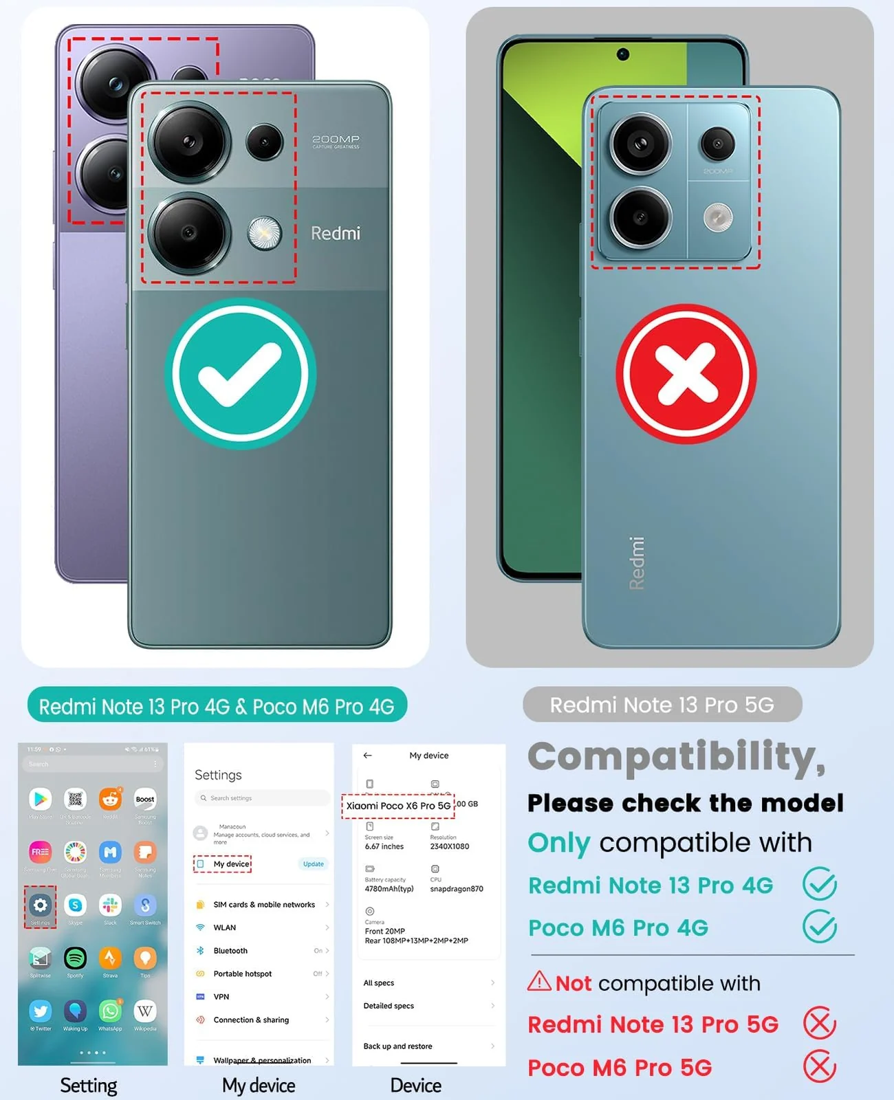 DL3 Mobilak Case Compatible with Xiaomi Redmi Note 13 Pro 4G/Poco M6 Pro 4G (Not Fit 5G), Cover Silicone TPU Gorilla Anti-shock Protector Camera Shockproof Corners - Clear