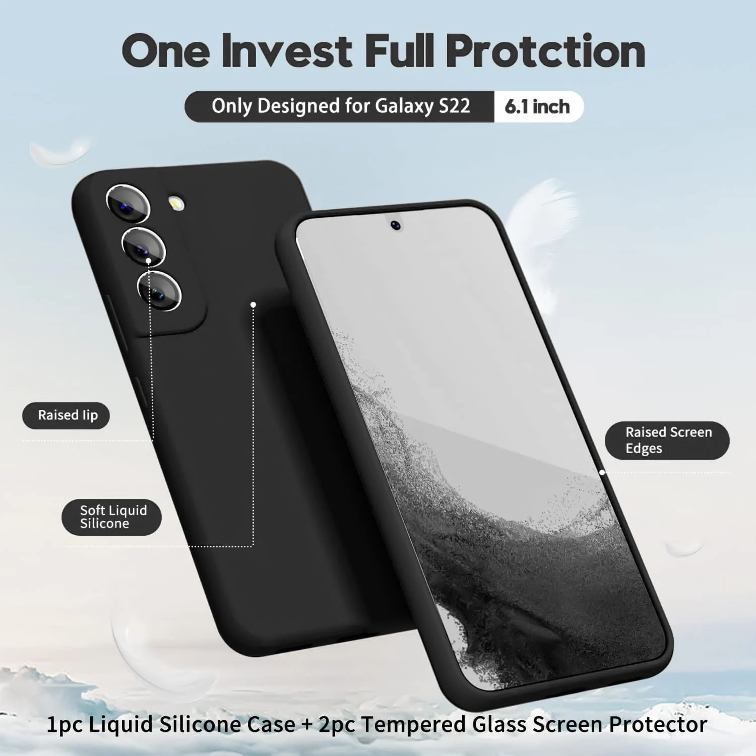 DL3 Mobilak Liquid Silicone Protective Case with Soft Microfiber Lining with Full Camera Protection for Samsung Galaxy S22 5G - Black