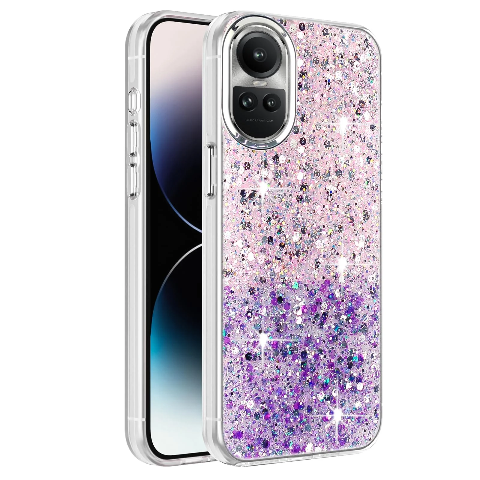 DL3 Mobilak Glitter Protective Case for OPPO Reno 10 5G / Reno10 Pro 5G, Supports wireless charging, Camera protection, Shock-absorbing protection - Pink Purple