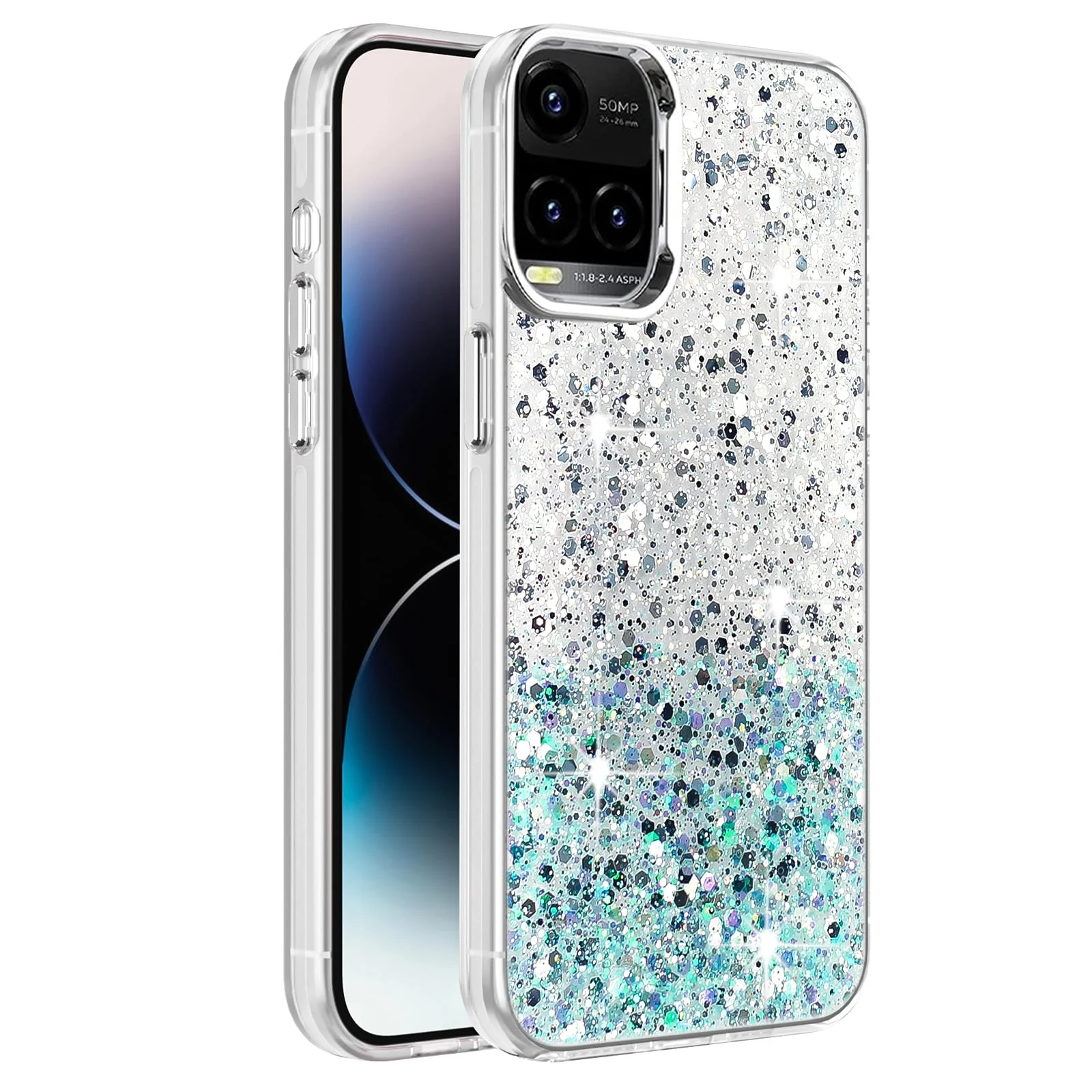 Dl3 Mobilak Compatible with Vivo Y33S 4G/Y33/Y21S /Y21 Case, Clear Glitter Bling Sparkly, Soft TPU Frame Bumper, Hard-Back Cover for Women & Girls, Transparent Protective Phone Case (Pink Green)