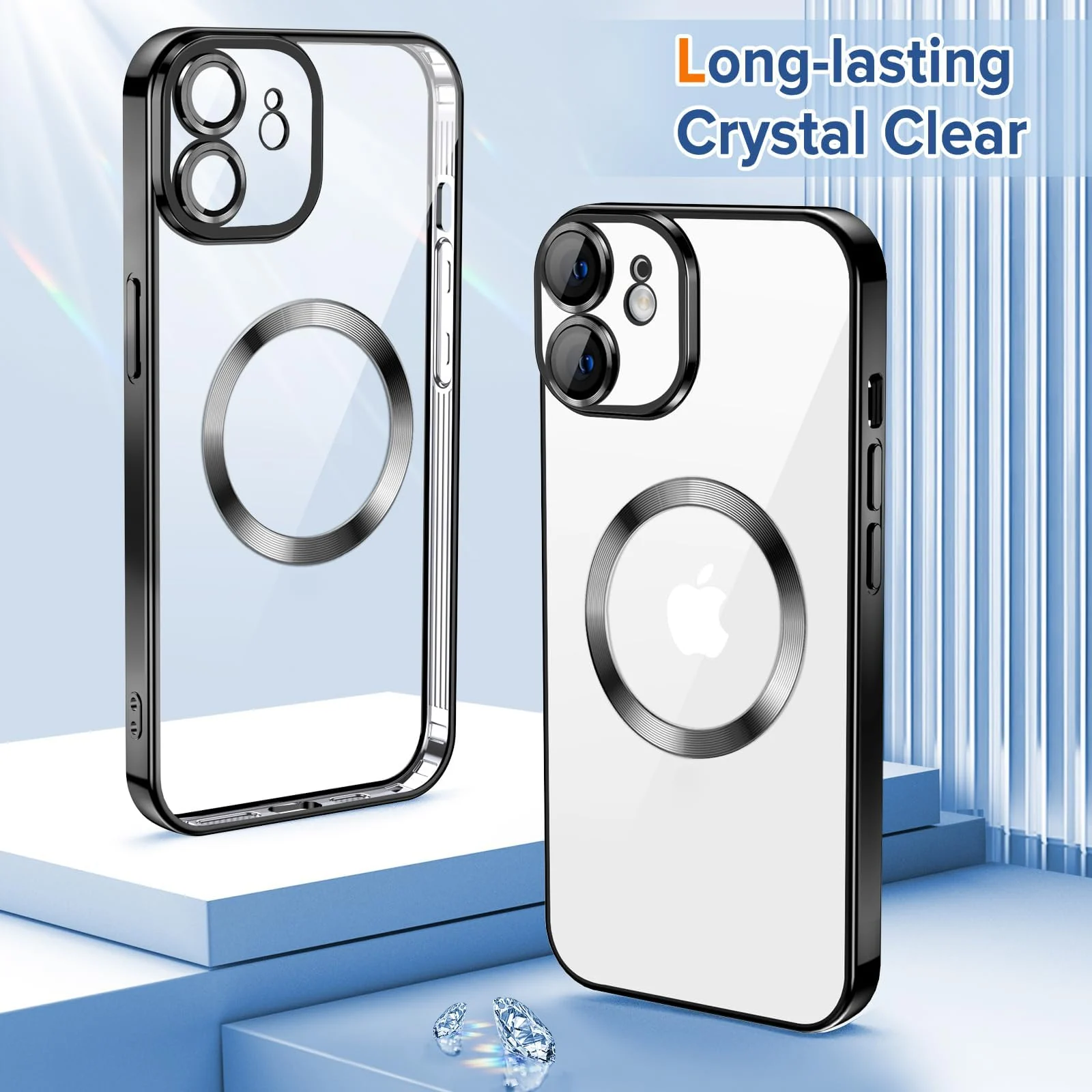DL3 Mobilak Clear Case for iPhone 12 6.1-Inch with Built-in Camera Lens Protector, Slim Luxury Plating Edge Soft TPU Cover Protective, Transparent Case for Women Girls Men - Black