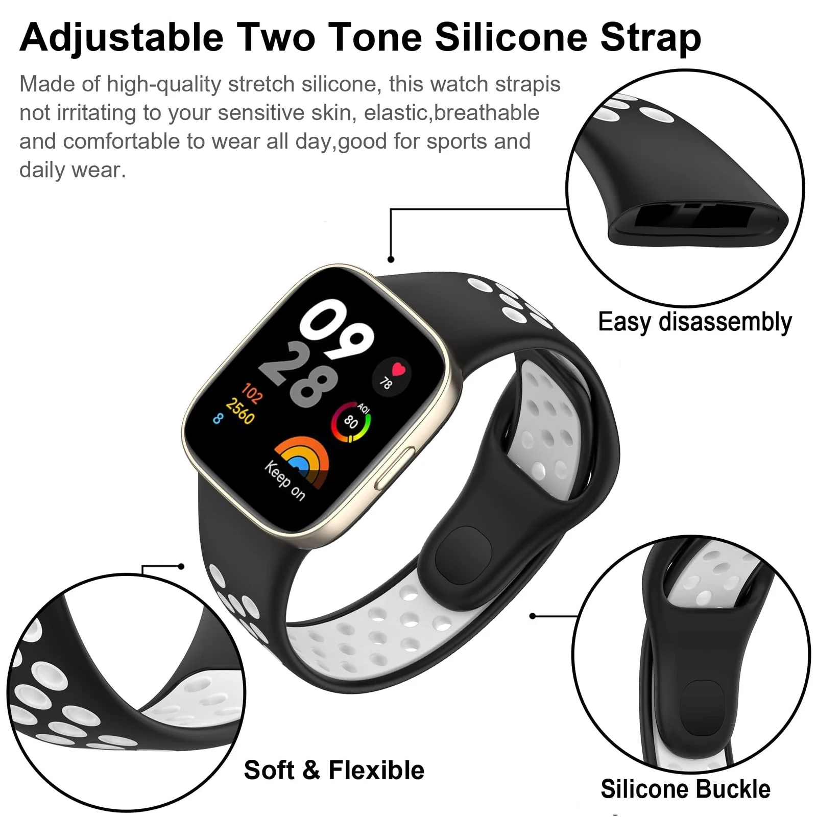 DL3 Mobilak Strap For Xiaomi Redmi Watch 3 (Not for Redmi Watch 3 Lite/Active), [Breathable] Soft Silicone Strap, Two Tone Band, Silicone Replacement Strap - Black