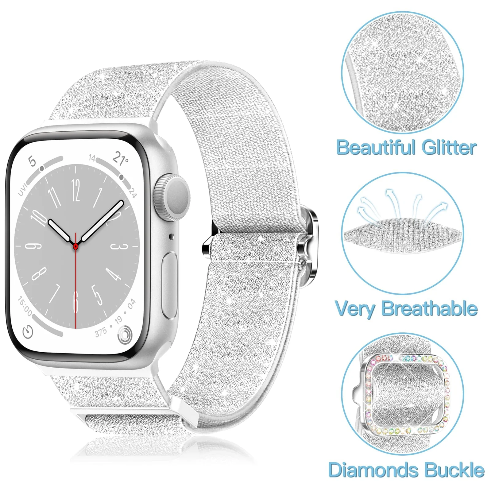DL3 Mobilak Stretchy Bling Band For Apple Watch 49mm 46mm 45mm 44mm 42mm Women, Nylon Sparkly Strap Solo Loop Glitter Wristband for iWatch Series 10 9 8 7 6 5 4 3 2 1 SE Ultra - Silver