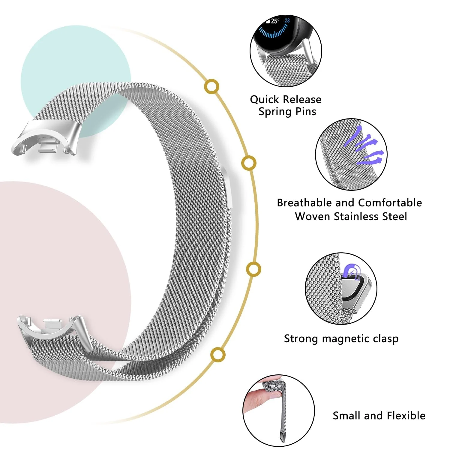 DL3 Mobilak Bracelet Compatible with Xiaomi Mi Band 10/9/8, Stainless Steel Replacement Straps, Mesh Metal Watch Strap, Magnetic Adjustable Replacement Strap For Xiaomi Smart Band 8/9/10 - Silver